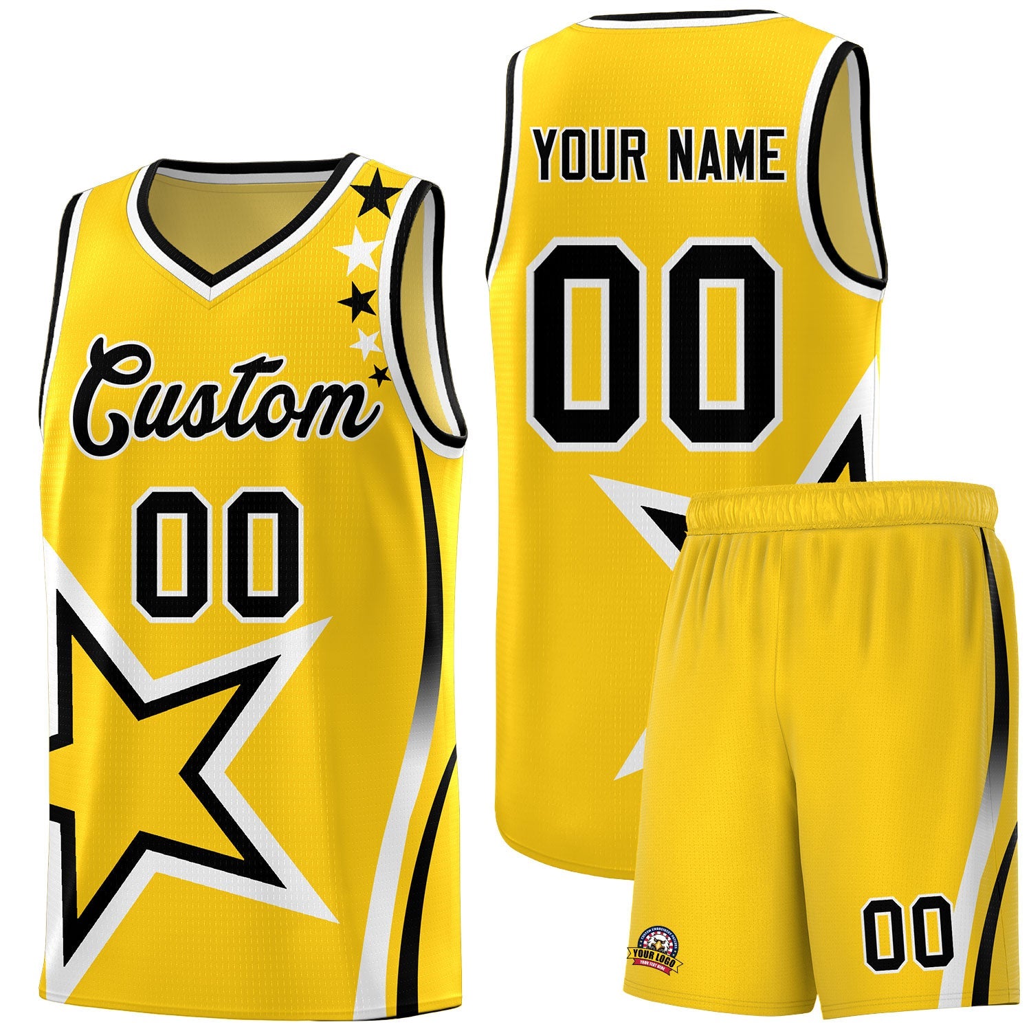 Custom Gold Shoulder Stars Graffiti Pattern Sets Basketball Jersey