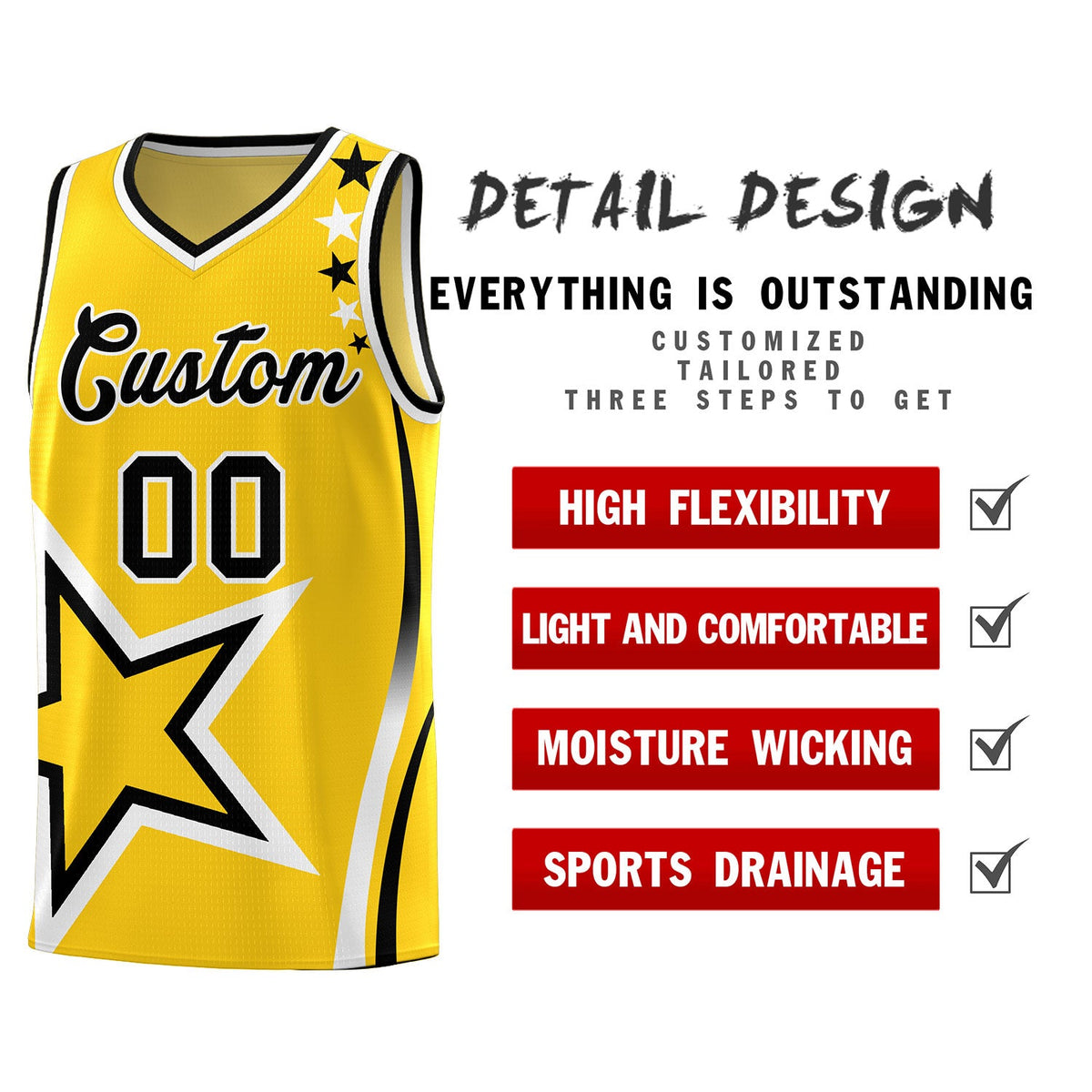 Custom Gold Shoulder Stars Graffiti Pattern Sets Basketball Jersey