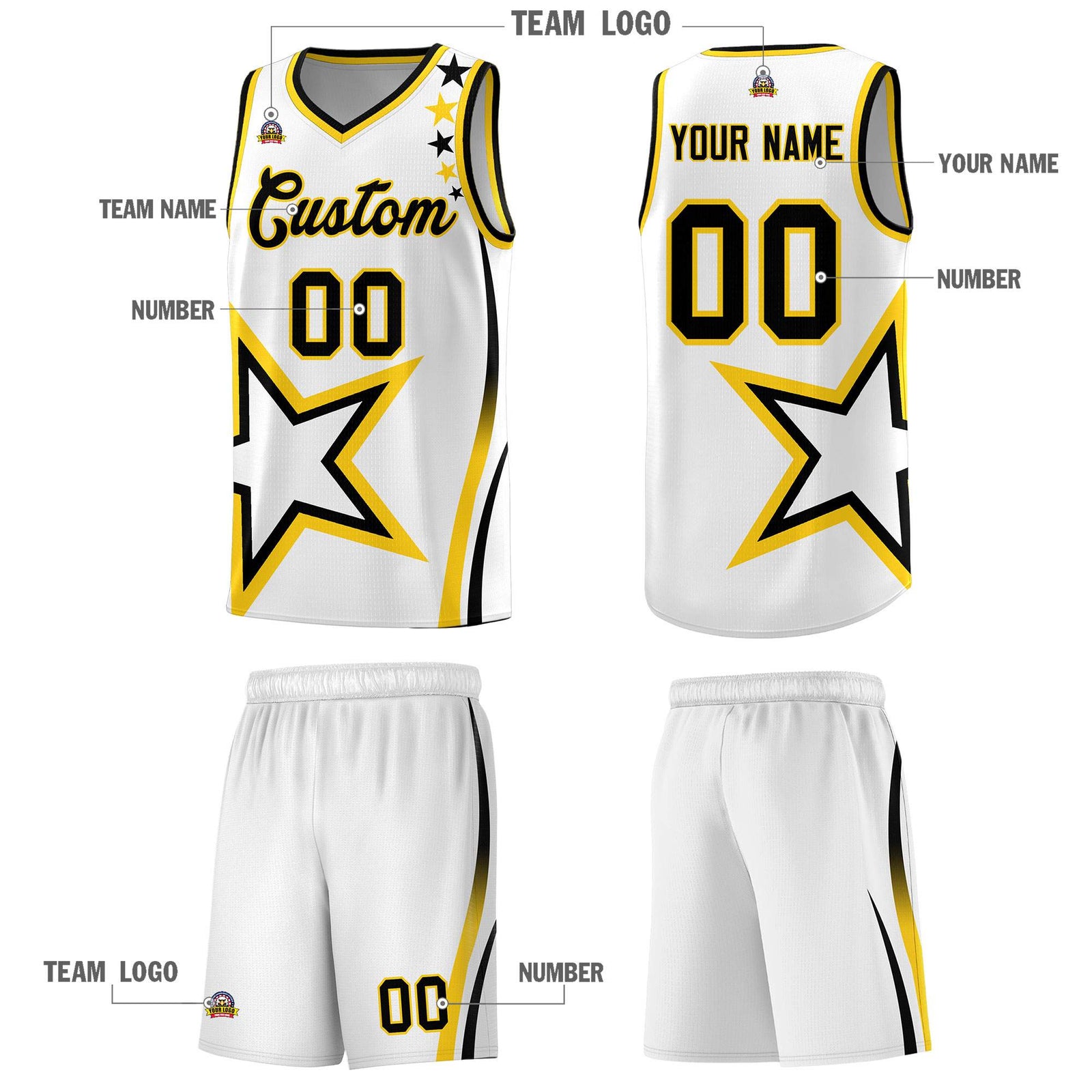 Custom White Shoulder Stars Graffiti Pattern Sets Basketball Jersey