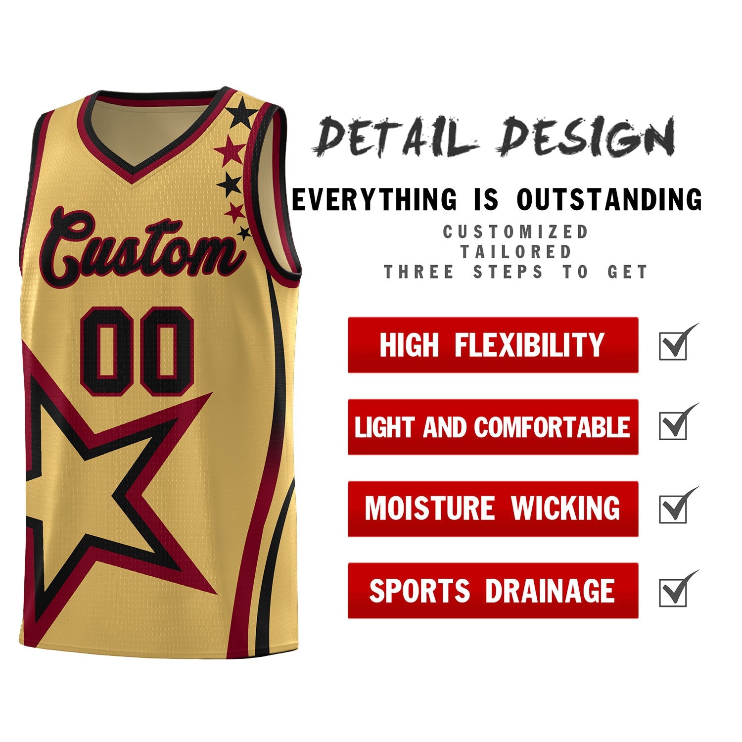 Custom Old Gold Shoulder Stars Graffiti Pattern Sets Basketball Jersey