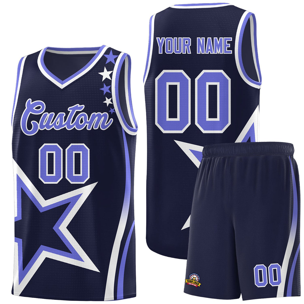 Custom Navy Shoulder Stars Graffiti Pattern Sets Basketball Jersey