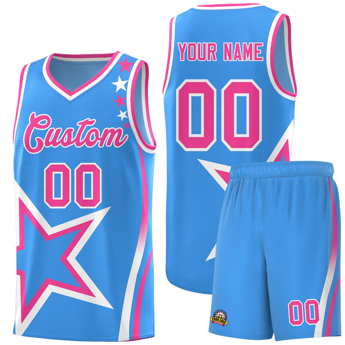 Custom Light Blue Shoulder Stars Graffiti Pattern Sets Basketball Jersey