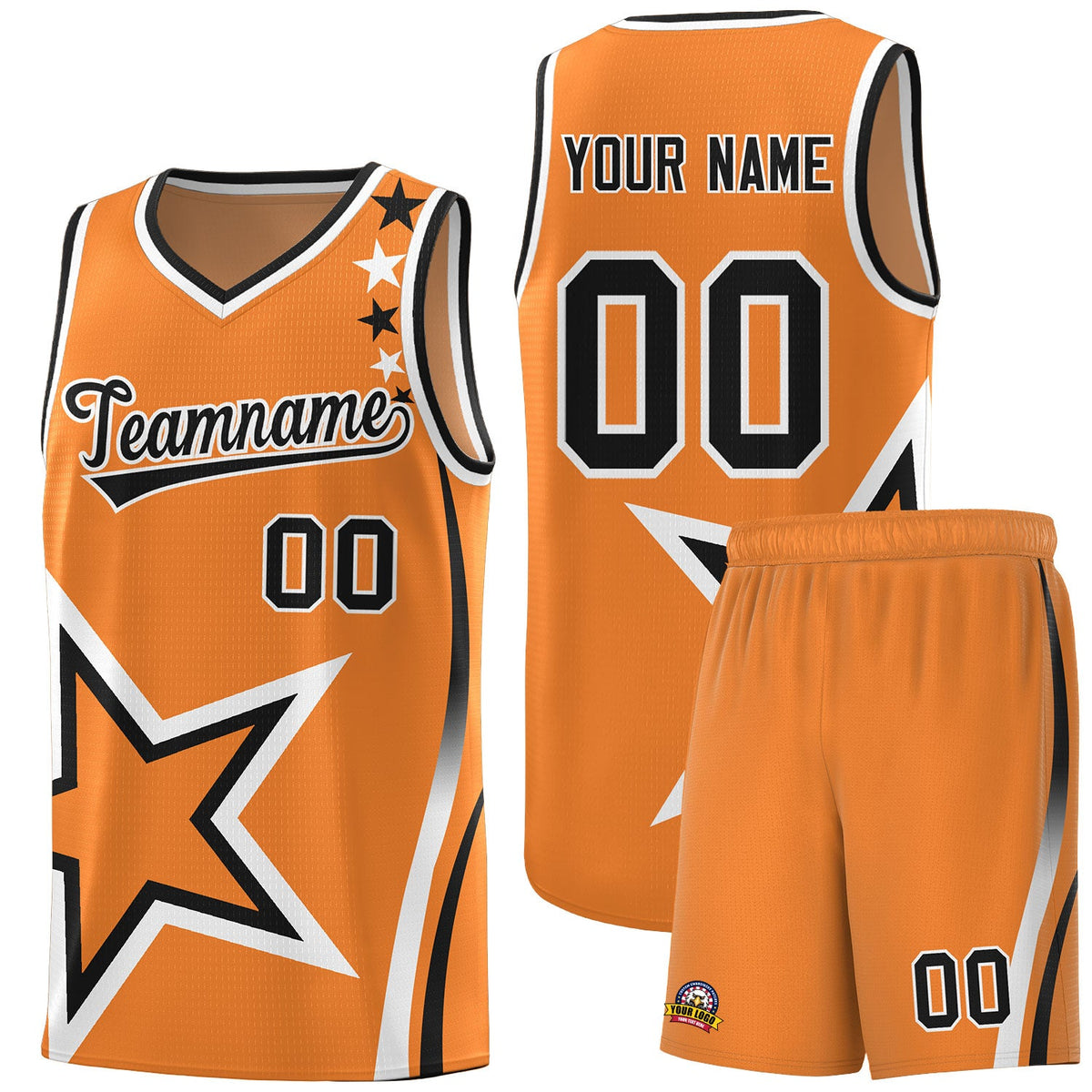 Custom Gold Orange Shoulder Stars Graffiti Pattern Sets Basketball Jersey