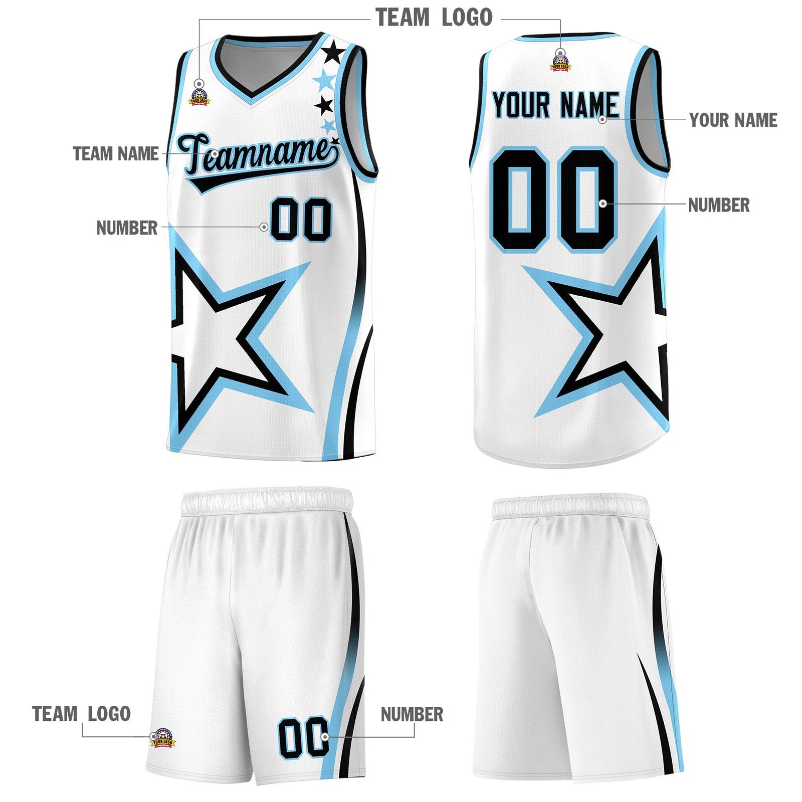 Custom White Shoulder Stars Graffiti Pattern Sets Basketball Jersey