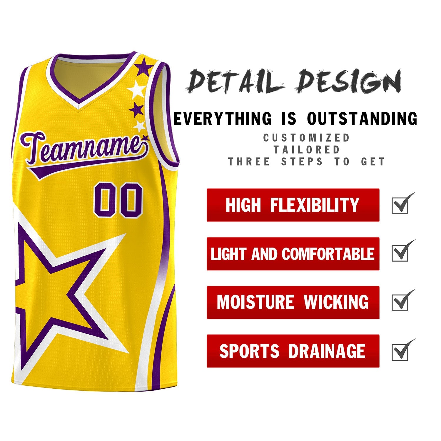 Custom Gold Shoulder Stars Graffiti Pattern Sets Basketball Jersey