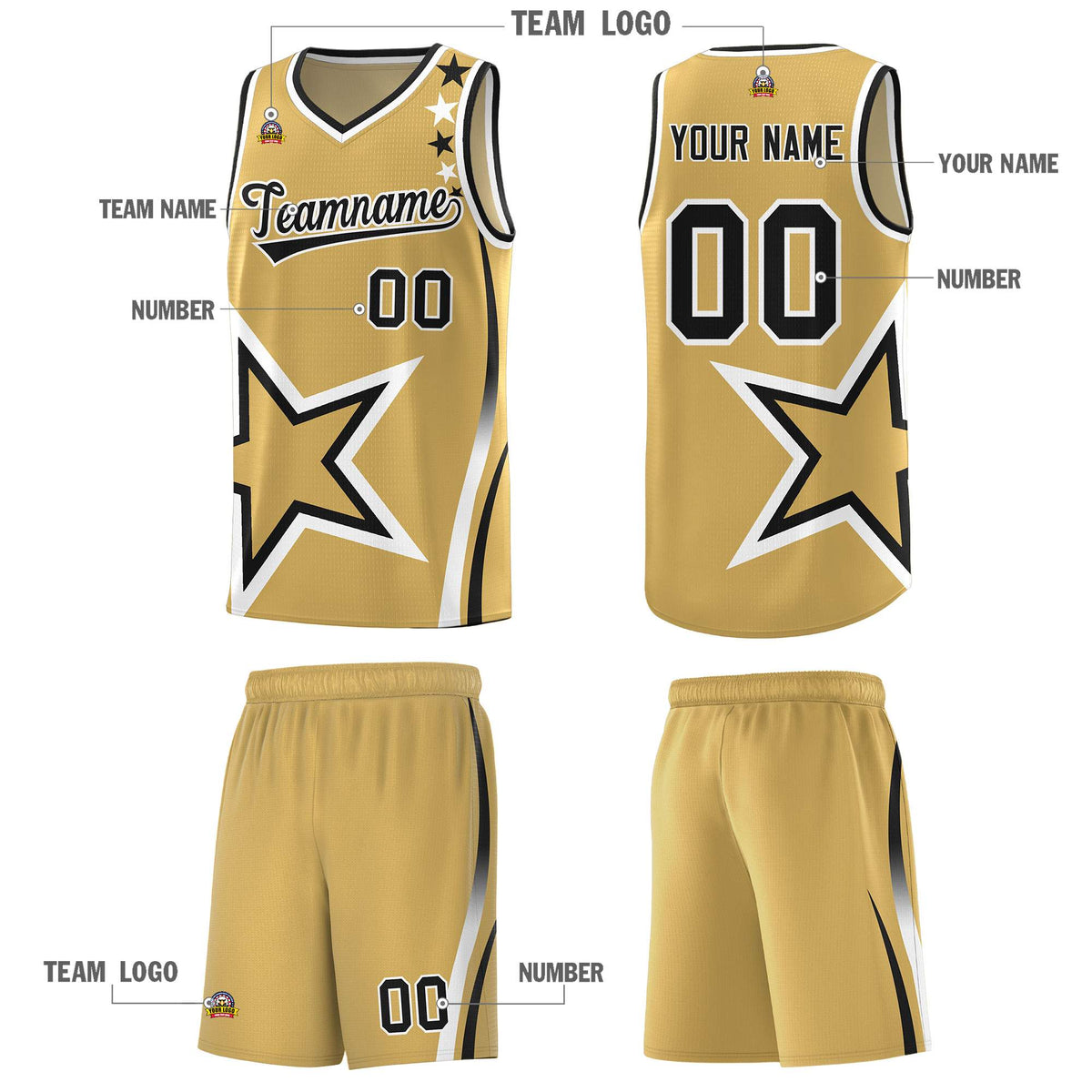 Custom Old Gold Shoulder Stars Graffiti Pattern Sets Basketball Jersey
