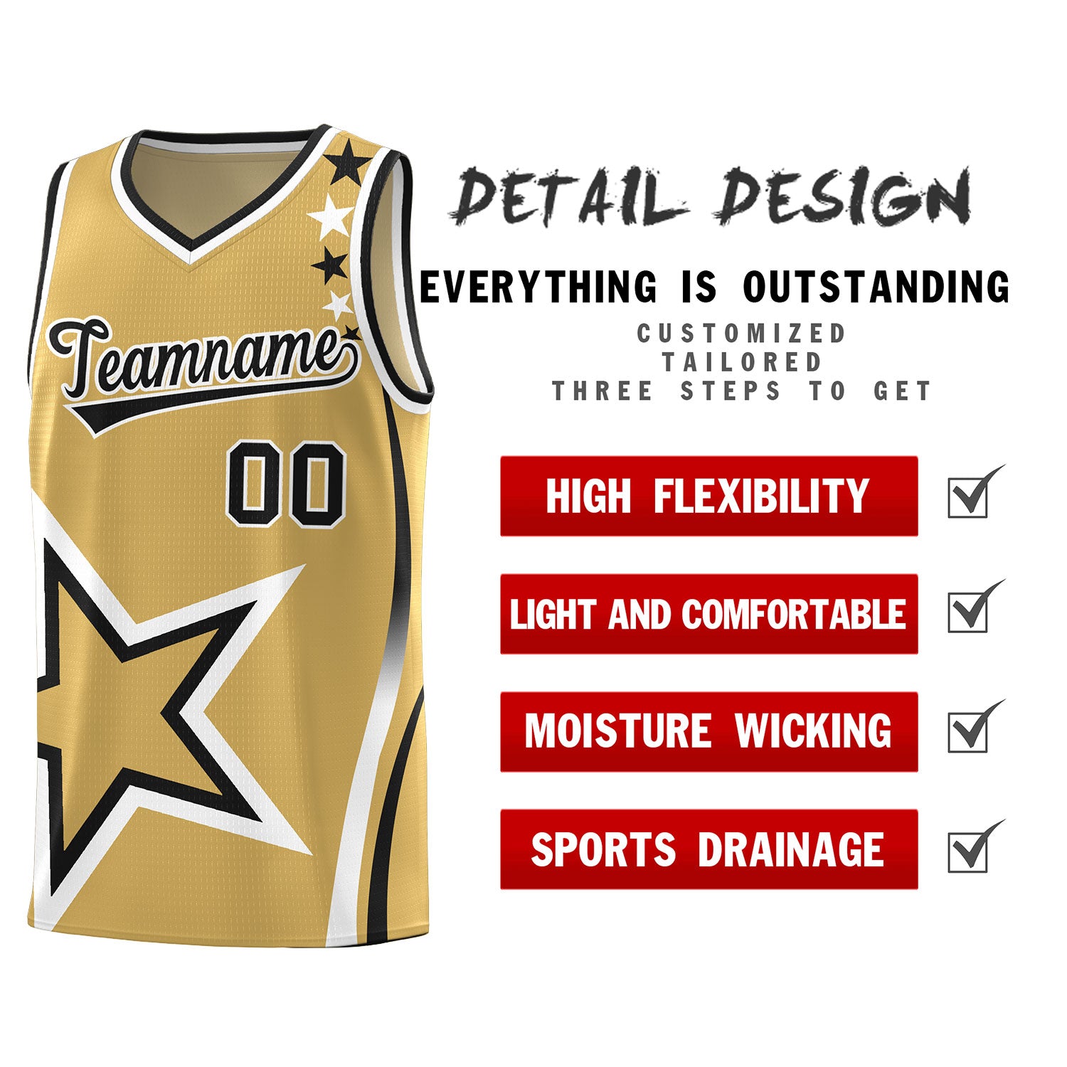 Custom Old Gold Shoulder Stars Graffiti Pattern Sets Basketball Jersey
