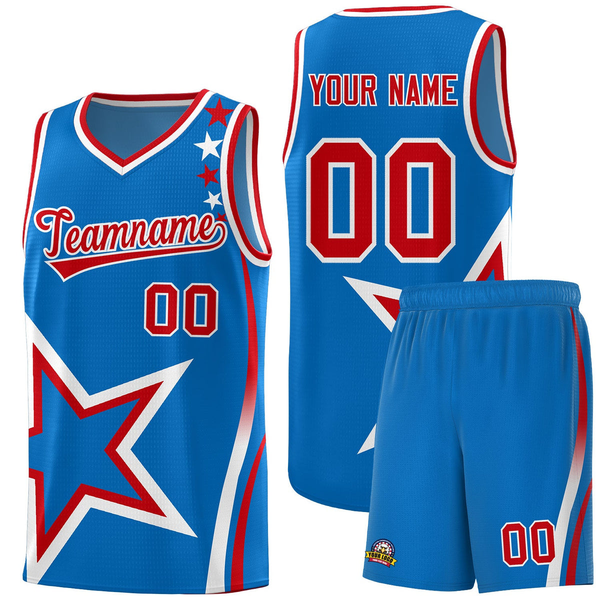 Custom Blue Shoulder Stars Graffiti Pattern Sets Basketball Jersey