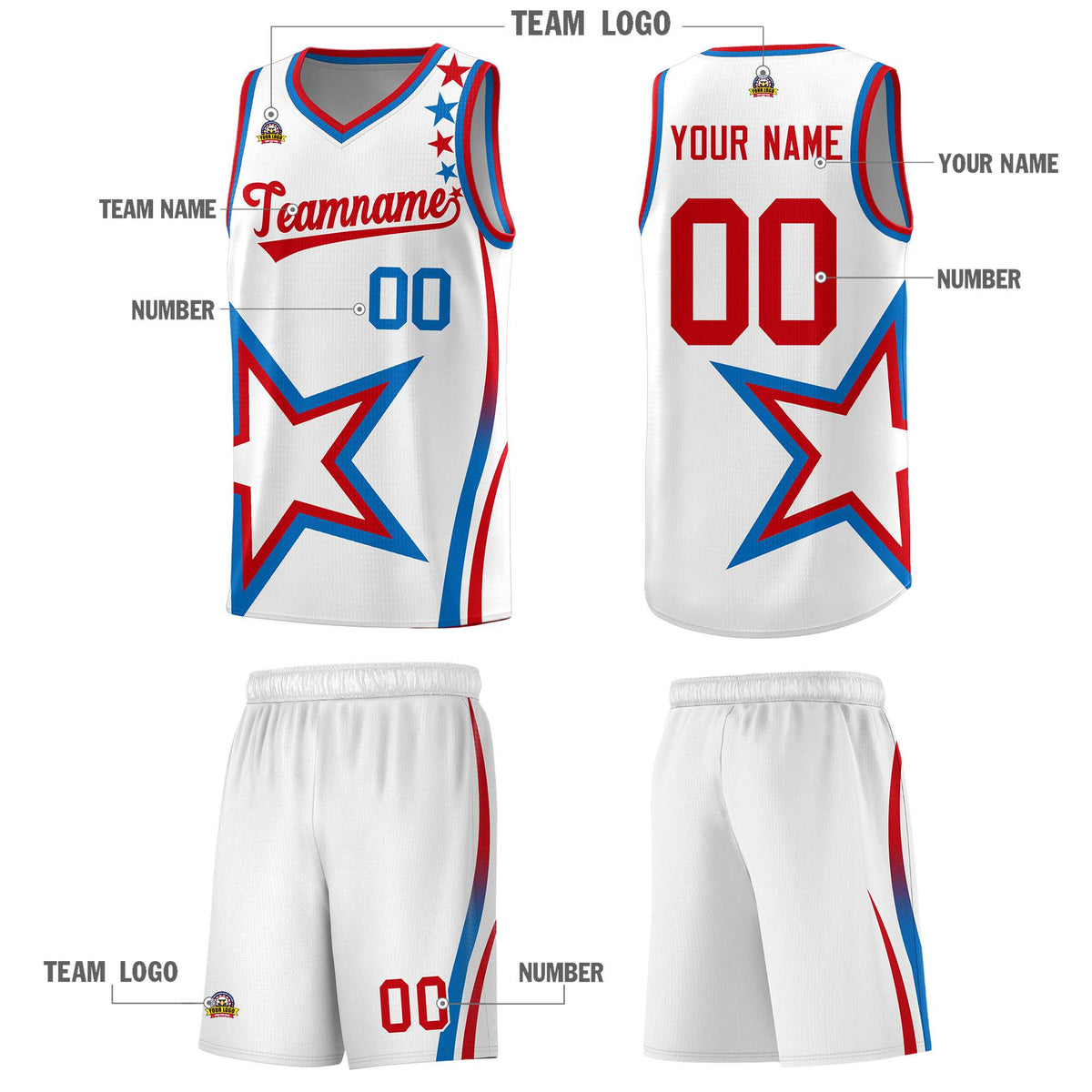 Custom White Shoulder Stars Graffiti Pattern Sets Basketball Jersey