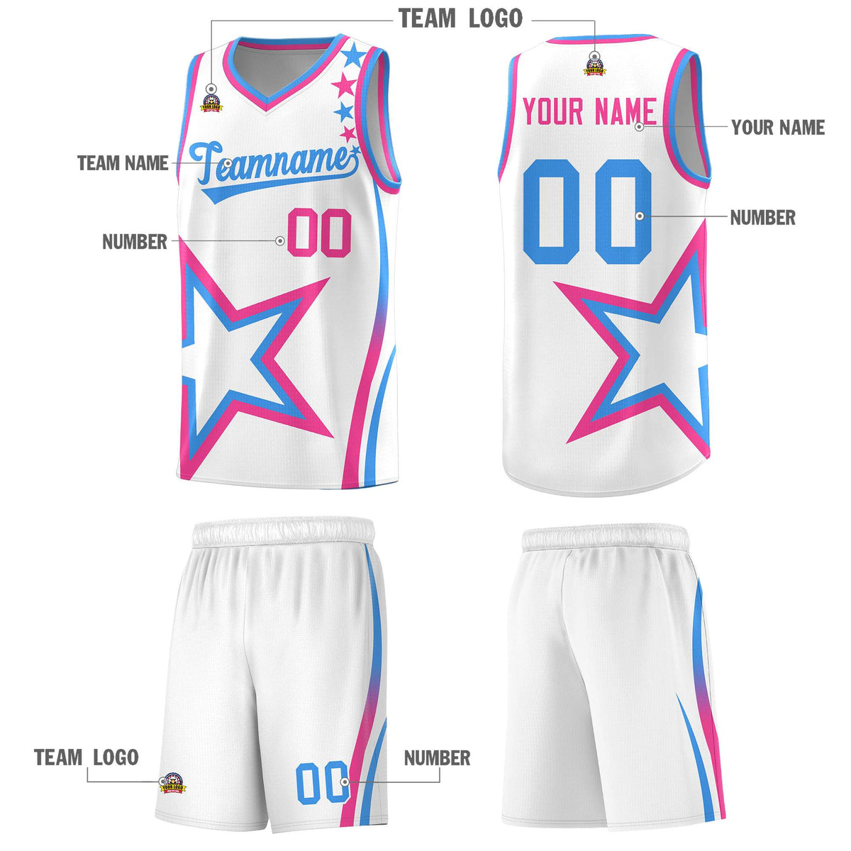 Custom White Shoulder Stars Graffiti Pattern Sets Basketball Jersey