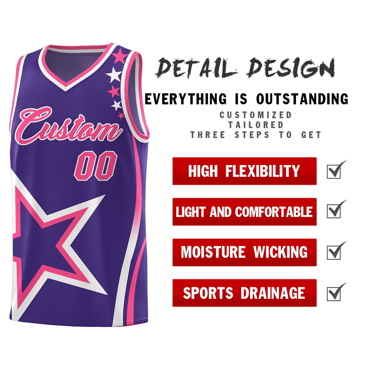 Custom Purple Shoulder Stars Graffiti Pattern Sets Basketball Jersey