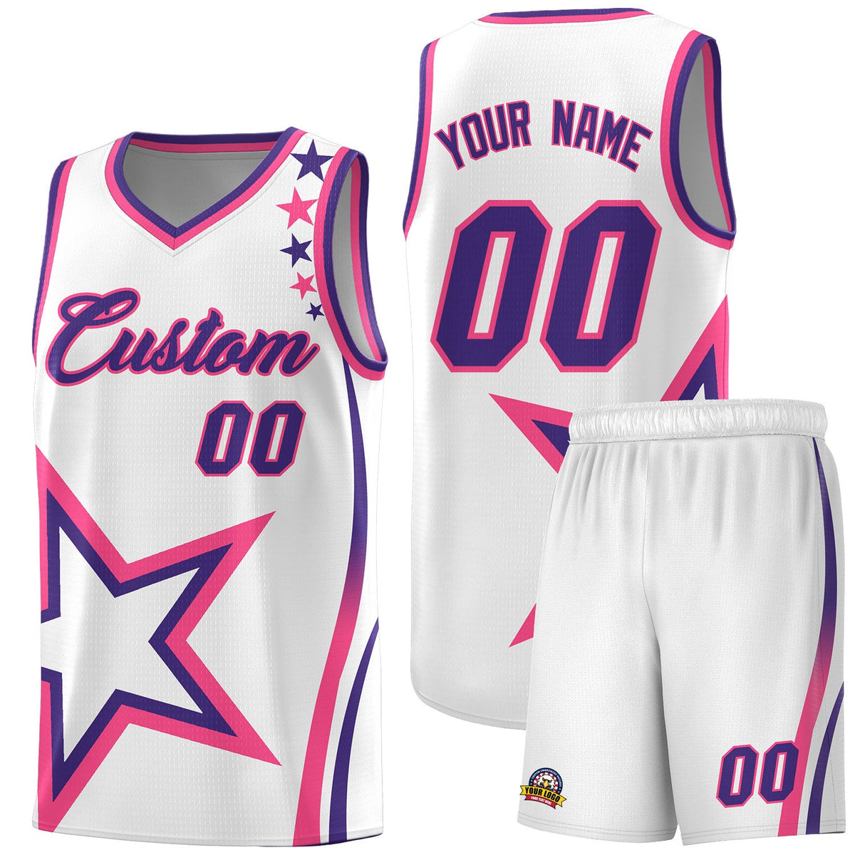 Custom White Shoulder Stars Graffiti Pattern Sets Basketball Jersey