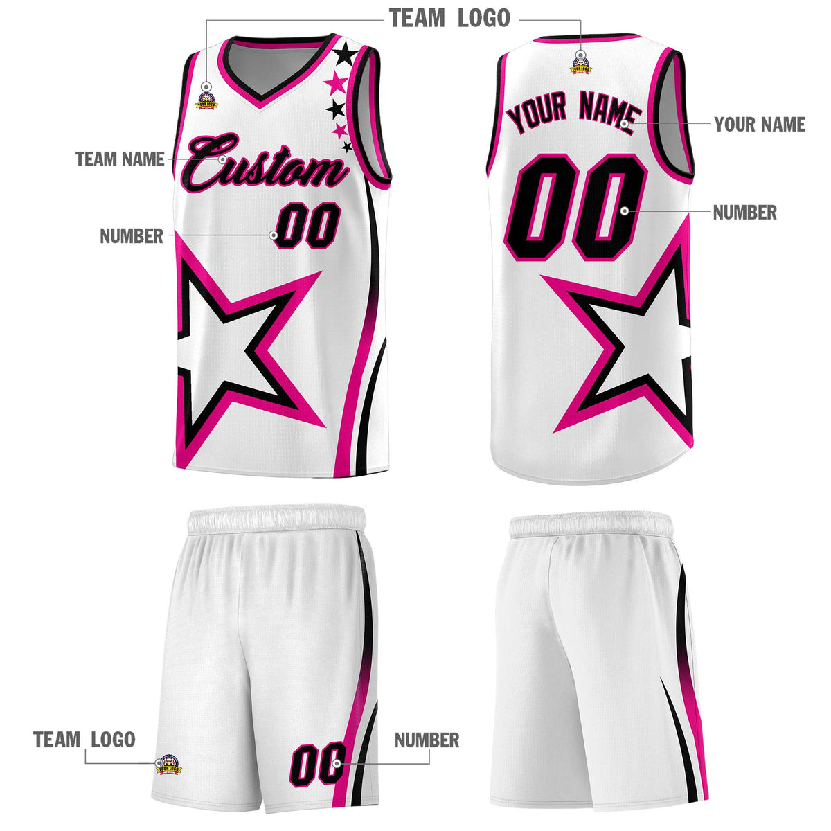 Custom White Shoulder Stars Graffiti Pattern Sets Basketball Jersey