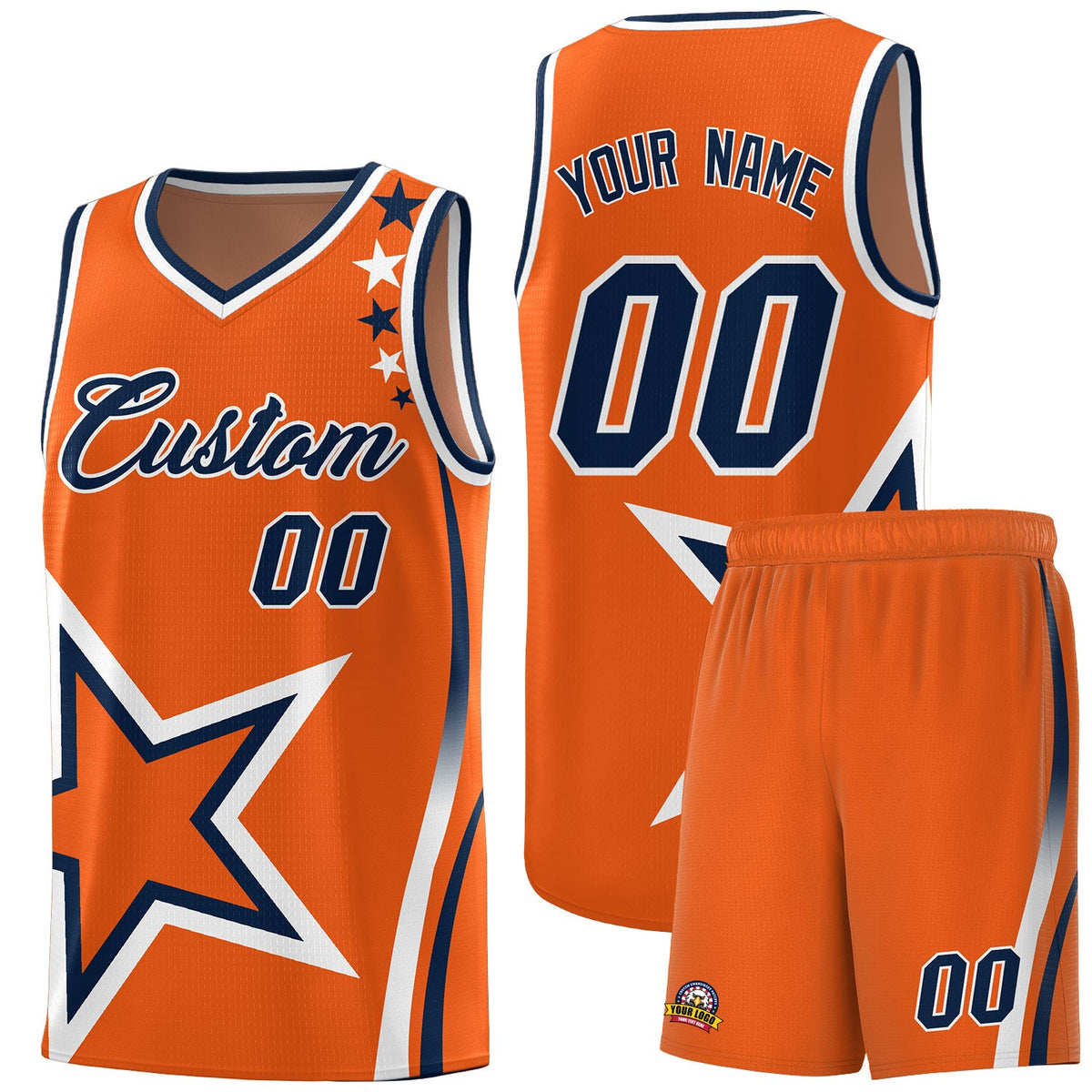 Custom Gold Orange Shoulder Stars Graffiti Pattern Sets Basketball Jersey