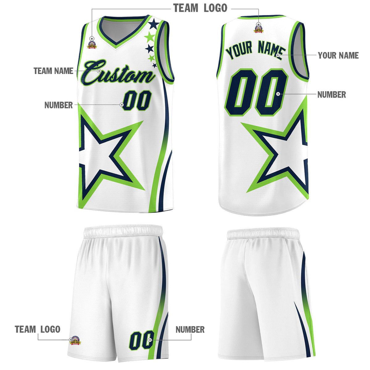 Custom White Shoulder Stars Graffiti Pattern Sets Basketball Jersey