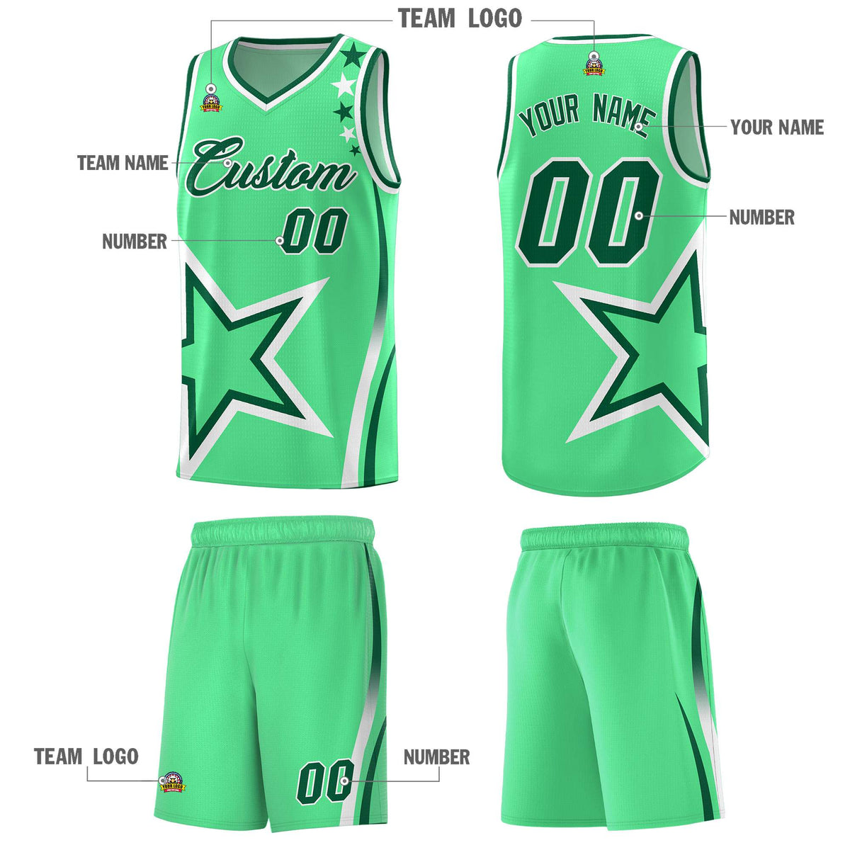 Custom Green Shoulder Stars Graffiti Pattern Sets Basketball Jersey