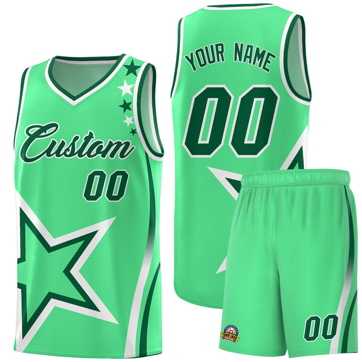 Custom Green Shoulder Stars Graffiti Pattern Sets Basketball Jersey