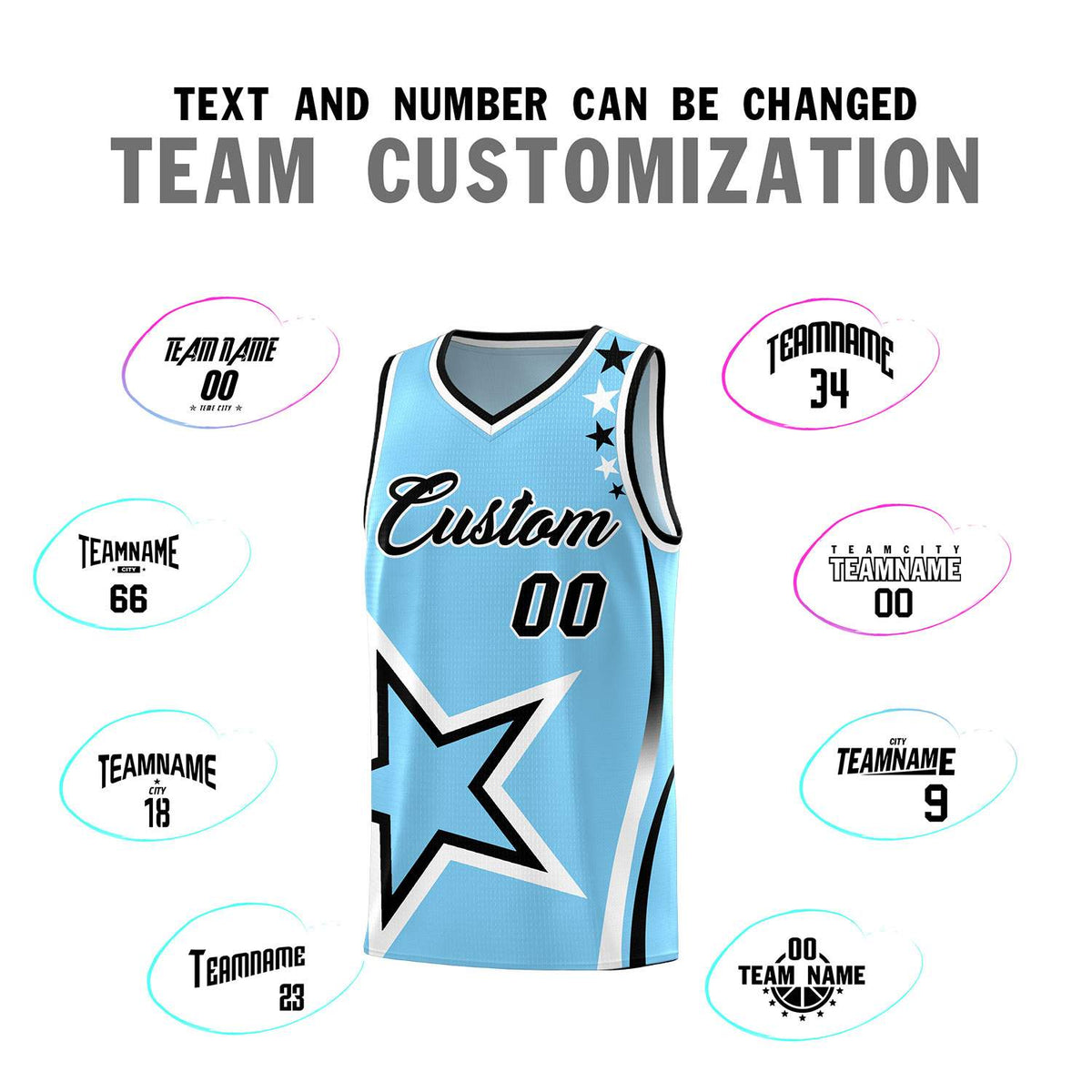 Custom Light Blue Shoulder Stars Graffiti Pattern Sets Basketball Jersey
