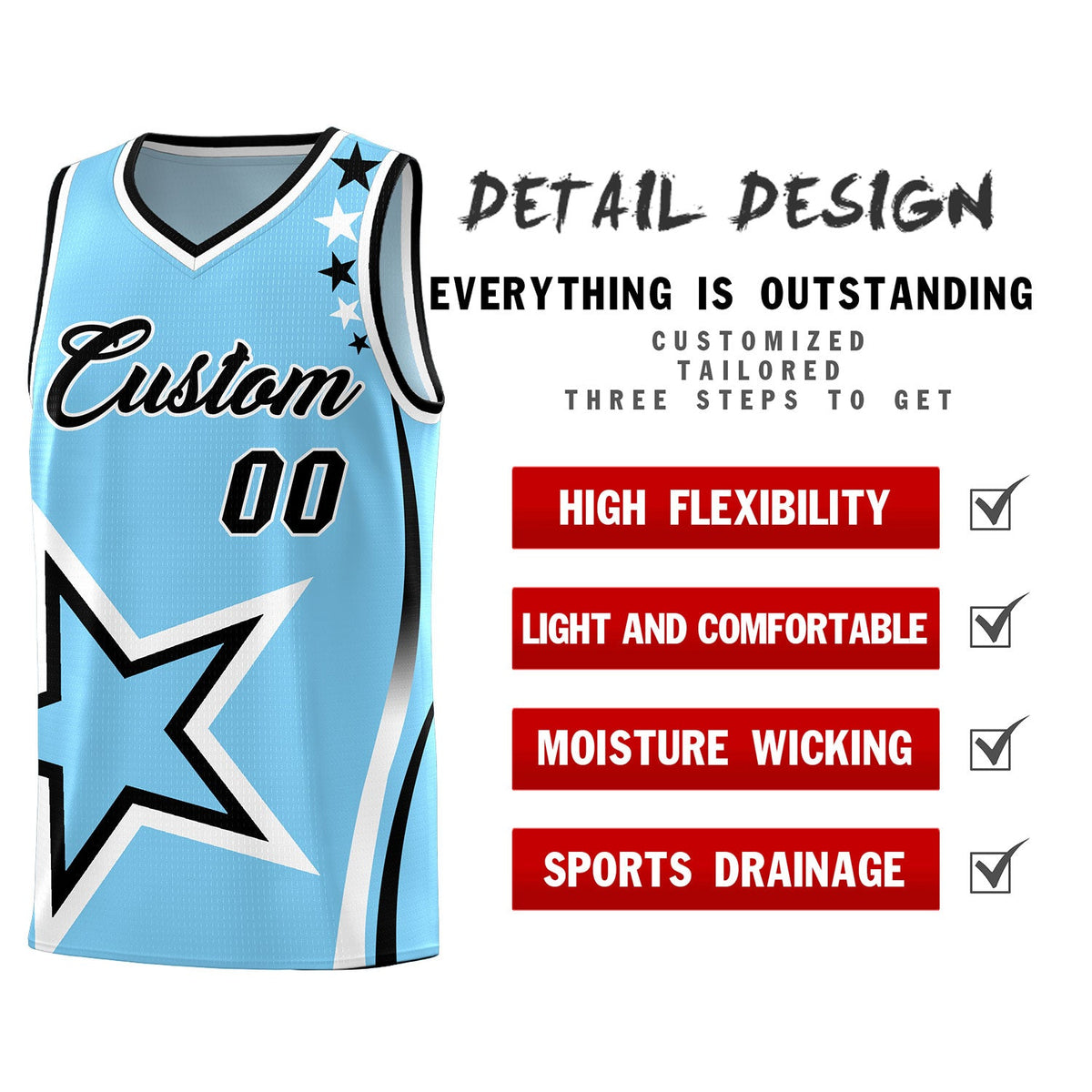 Custom Light Blue Shoulder Stars Graffiti Pattern Sets Basketball Jersey
