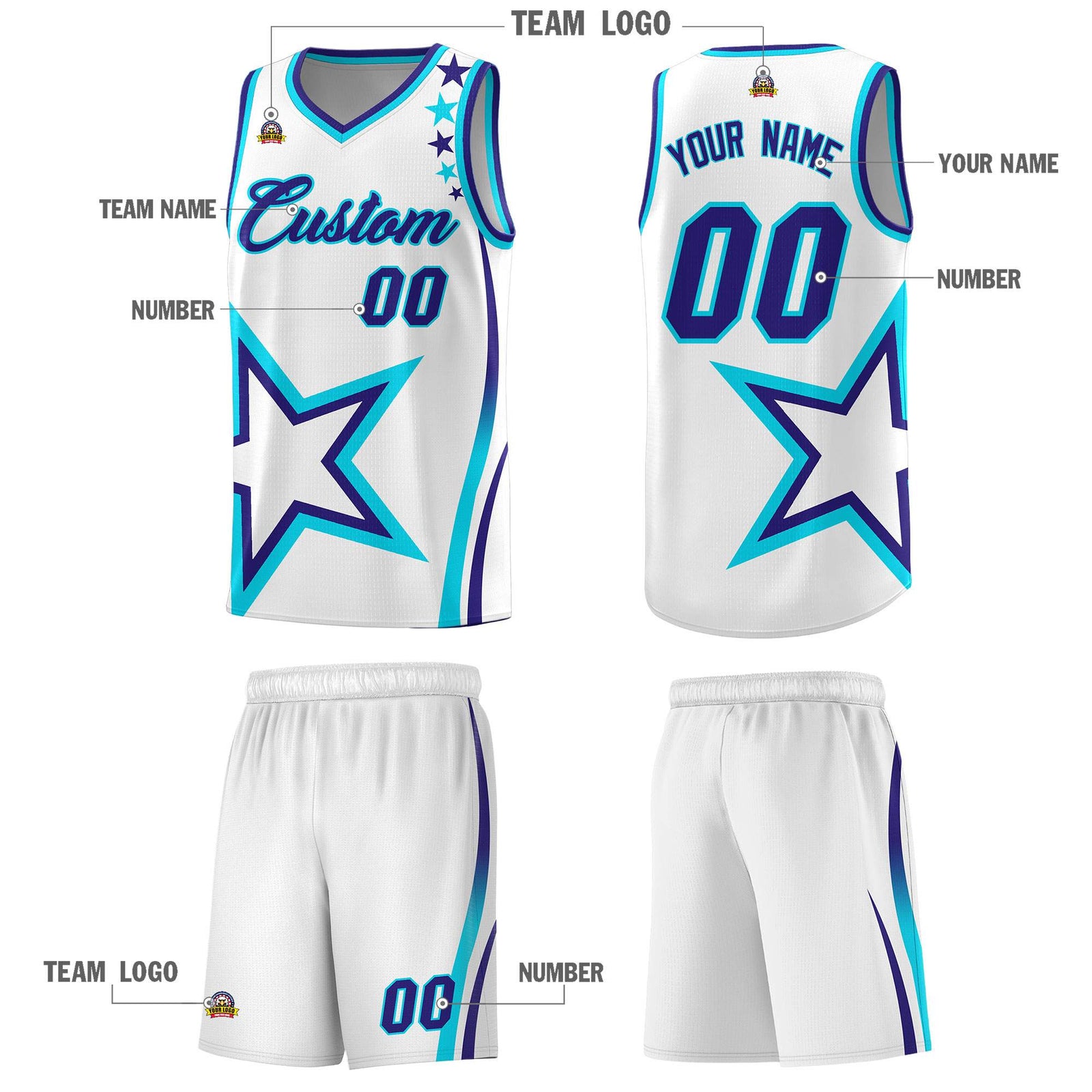 Custom White Shoulder Stars Graffiti Pattern Sets Basketball Jersey