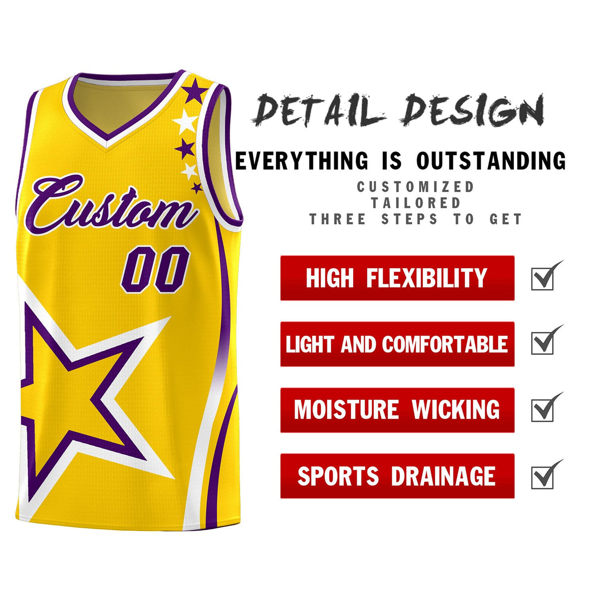 Custom Gold Shoulder Stars Graffiti Pattern Sets Basketball Jersey