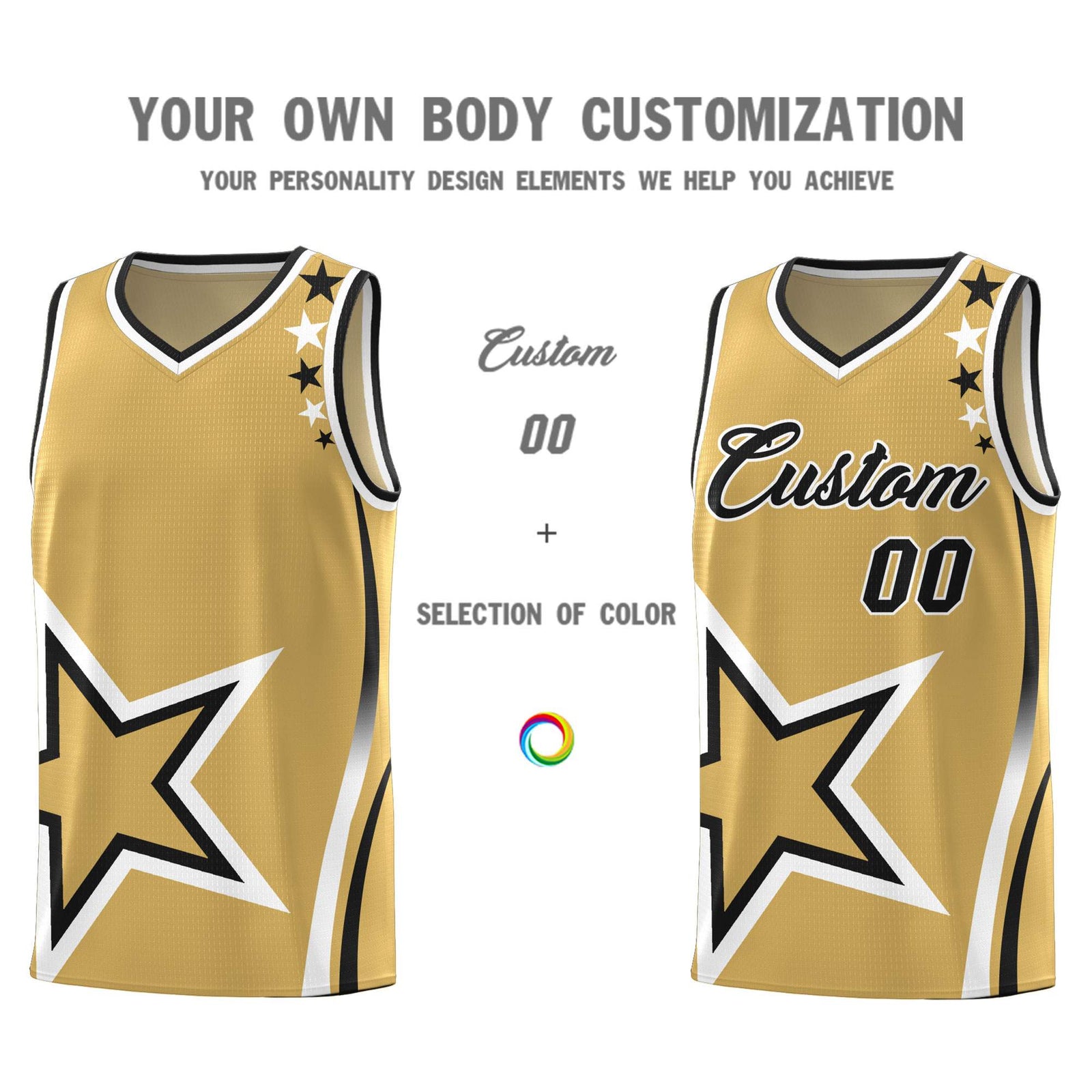 Custom Old Gold Shoulder Stars Graffiti Pattern Sets Basketball Jersey