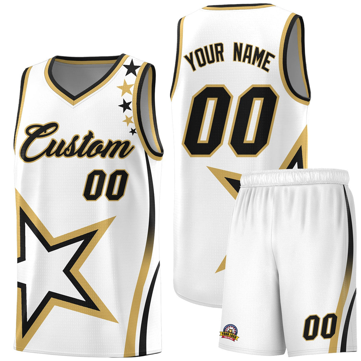 Custom White Shoulder Stars Graffiti Pattern Sets Basketball Jersey