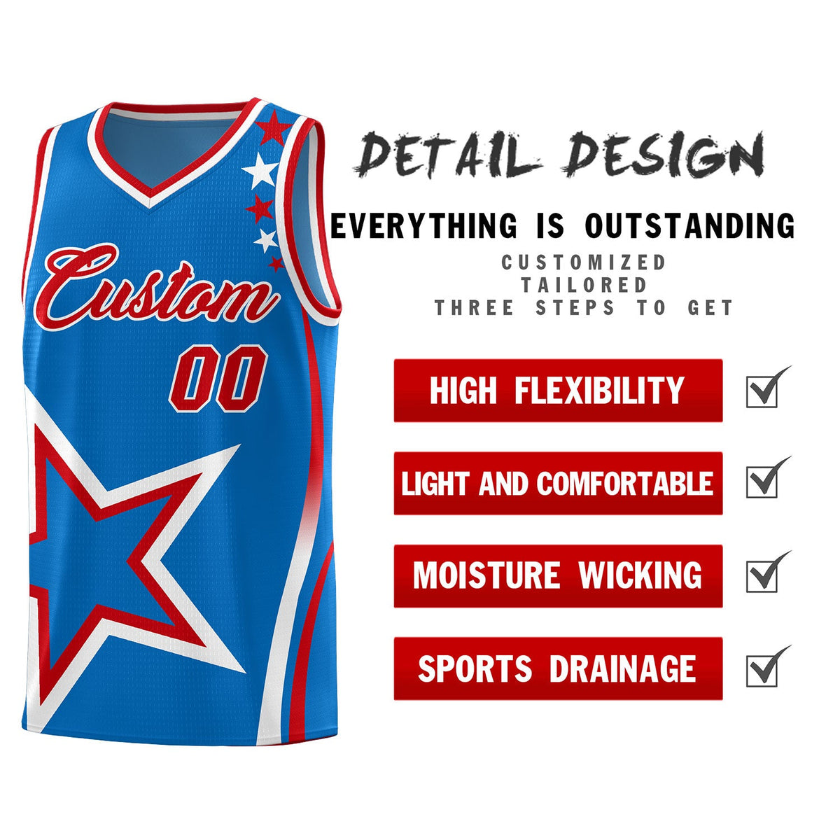 Custom Blue Shoulder Stars Graffiti Pattern Sets Basketball Jersey