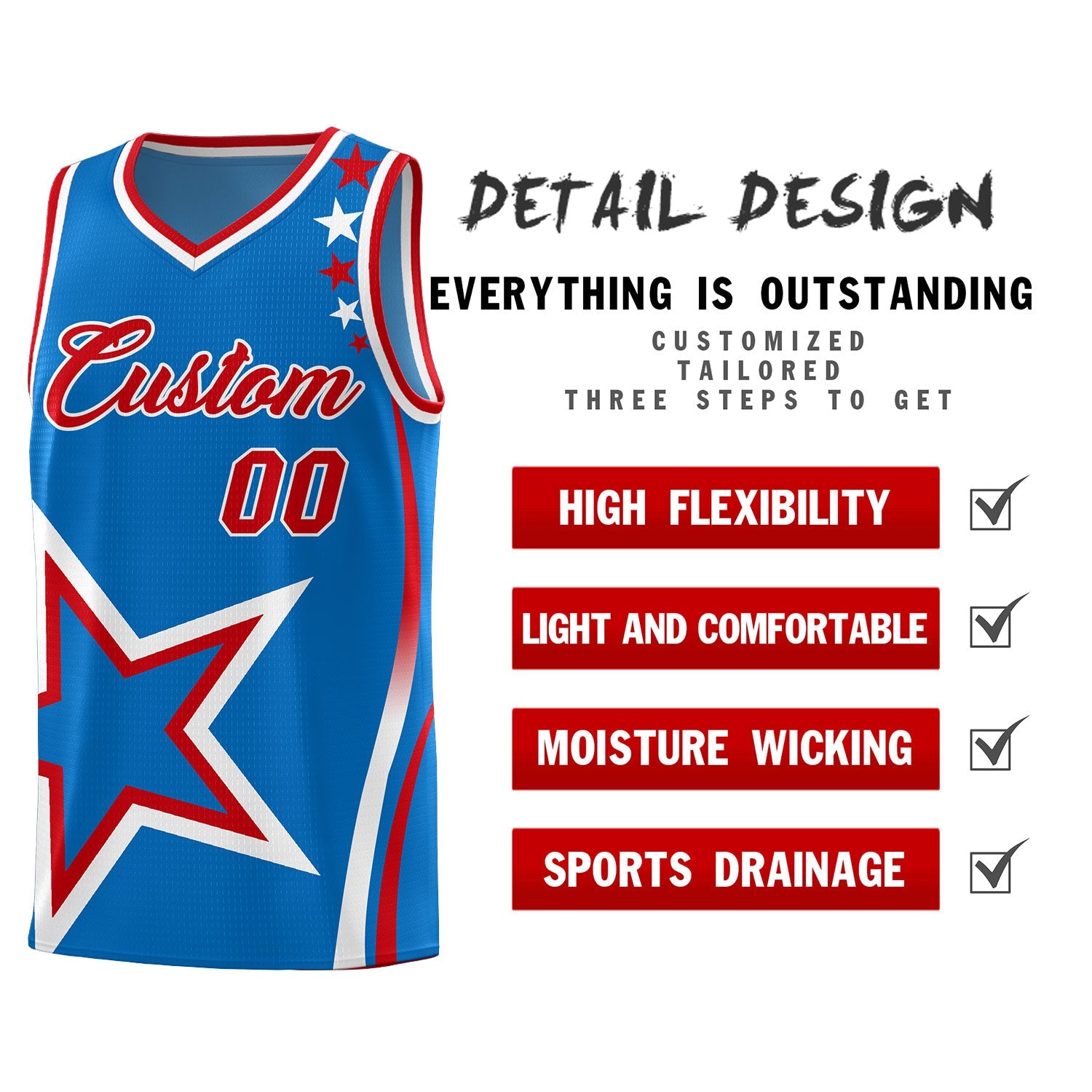 Custom Blue Shoulder Stars Graffiti Pattern Sets Basketball Jersey