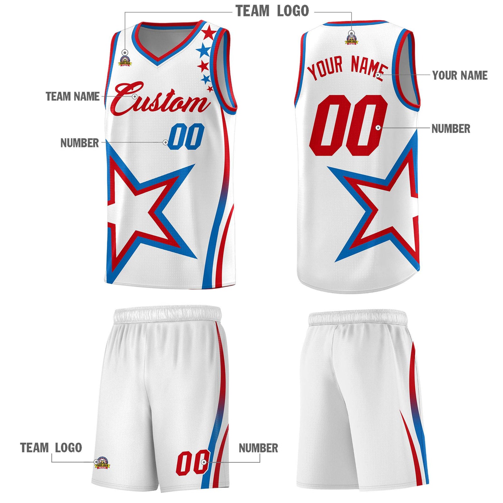 Custom White Shoulder Stars Graffiti Pattern Sets Basketball Jersey