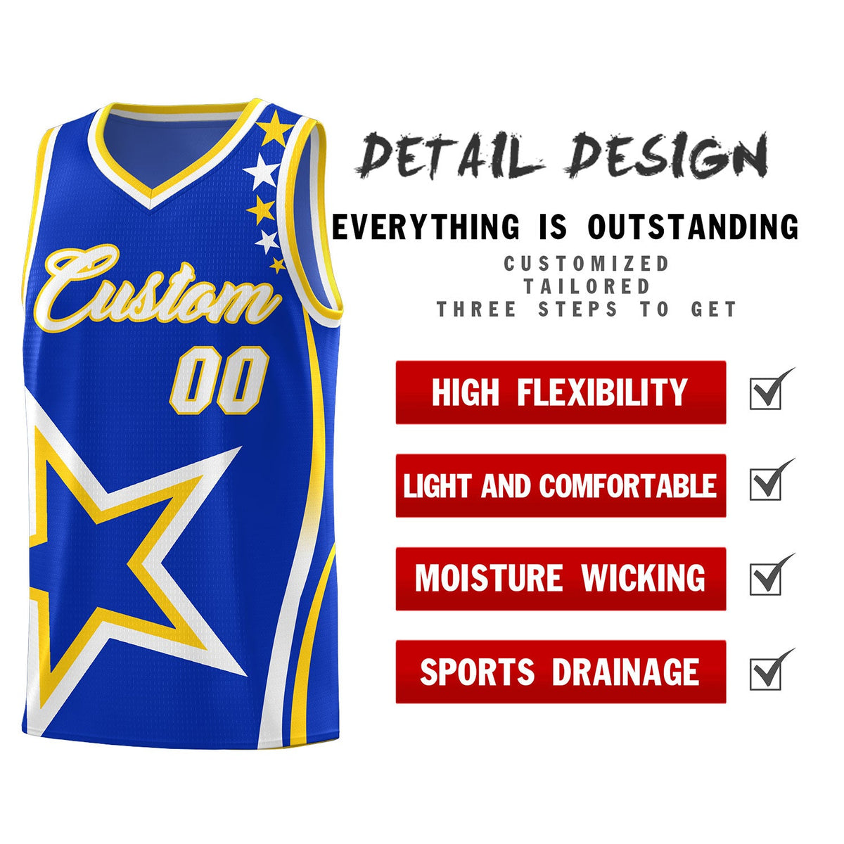 Custom Royal Shoulder Stars Graffiti Pattern Sets Basketball Jersey