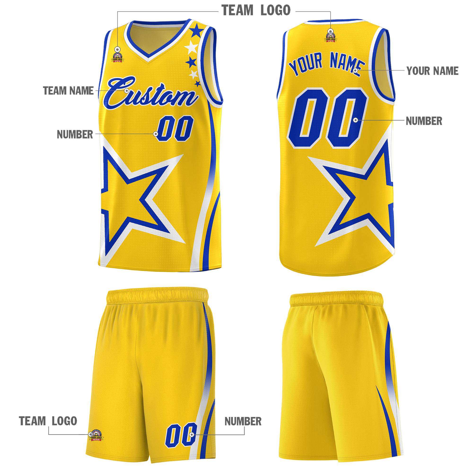 Custom Gold Shoulder Stars Graffiti Pattern Sets Basketball Jersey