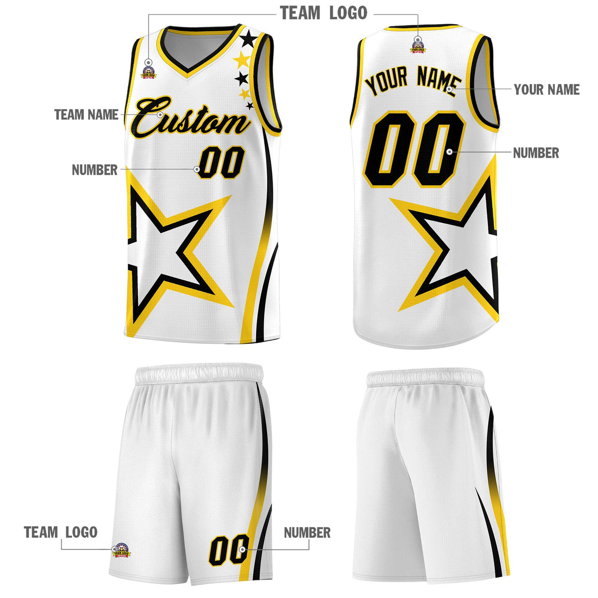 Custom White Shoulder Stars Graffiti Pattern Sets Basketball Jersey