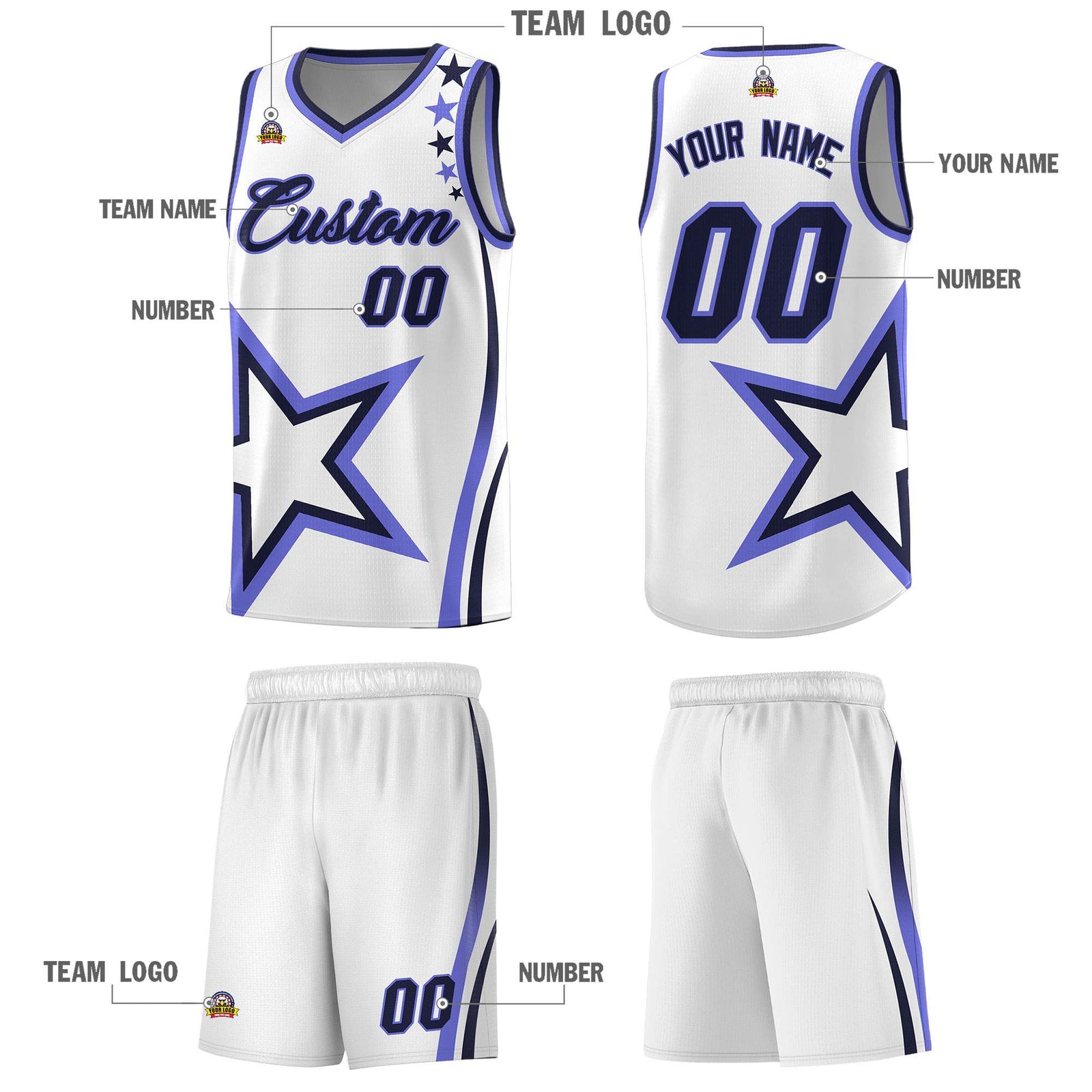 Custom White Shoulder Stars Graffiti Pattern Sets Basketball Jersey