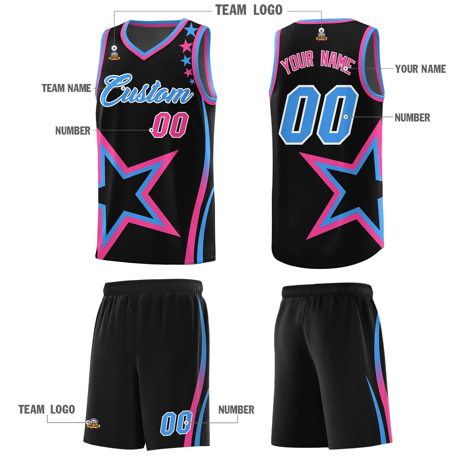 Custom Black Shoulder Stars Graffiti Pattern Sets Basketball Jersey