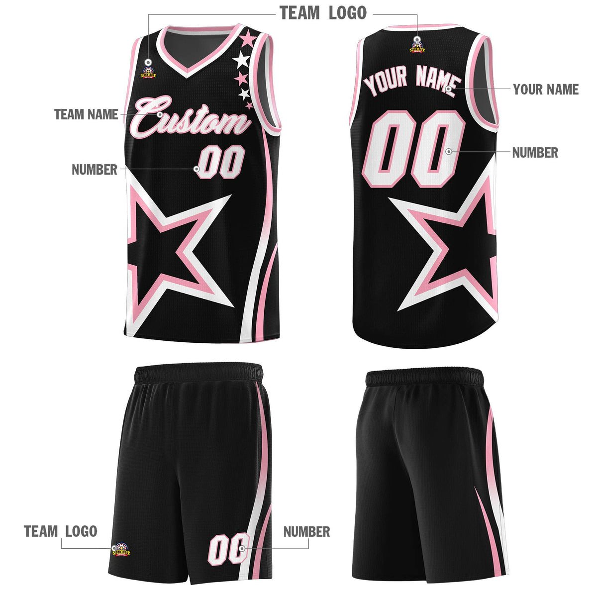Custom Black Shoulder Stars Graffiti Pattern Sets Basketball Jersey