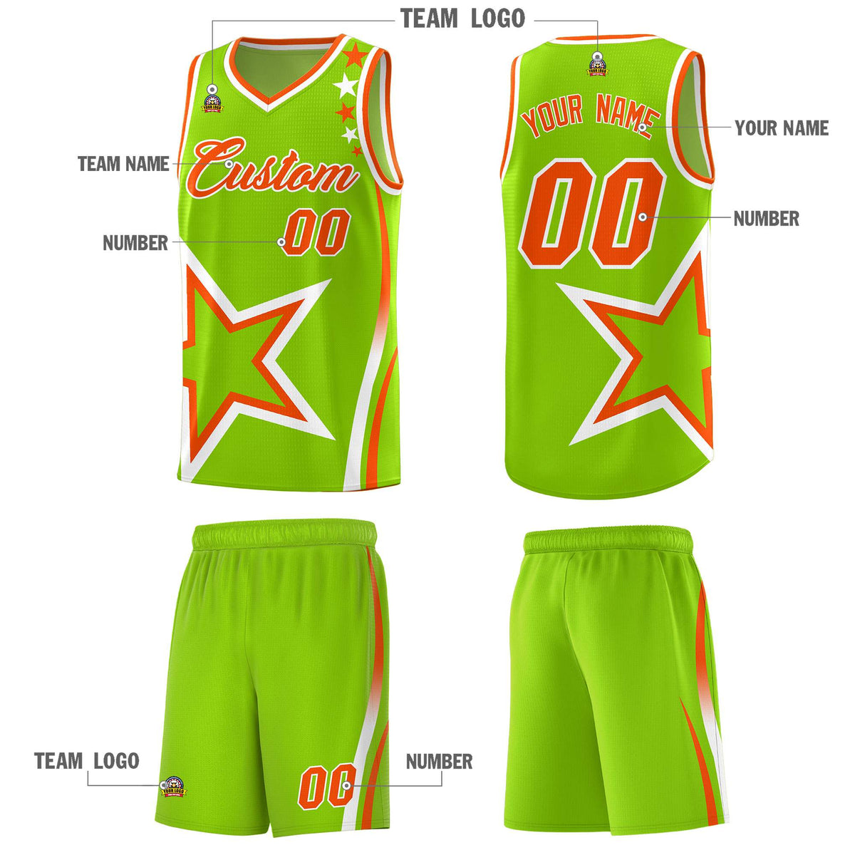 Custom Neon Green Shoulder Stars Graffiti Pattern Sets Basketball Jersey