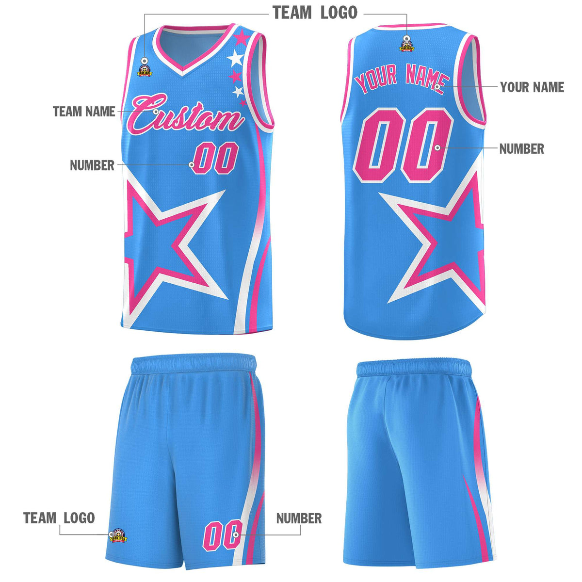 Custom Light Blue Shoulder Stars Graffiti Pattern Sets Basketball Jersey
