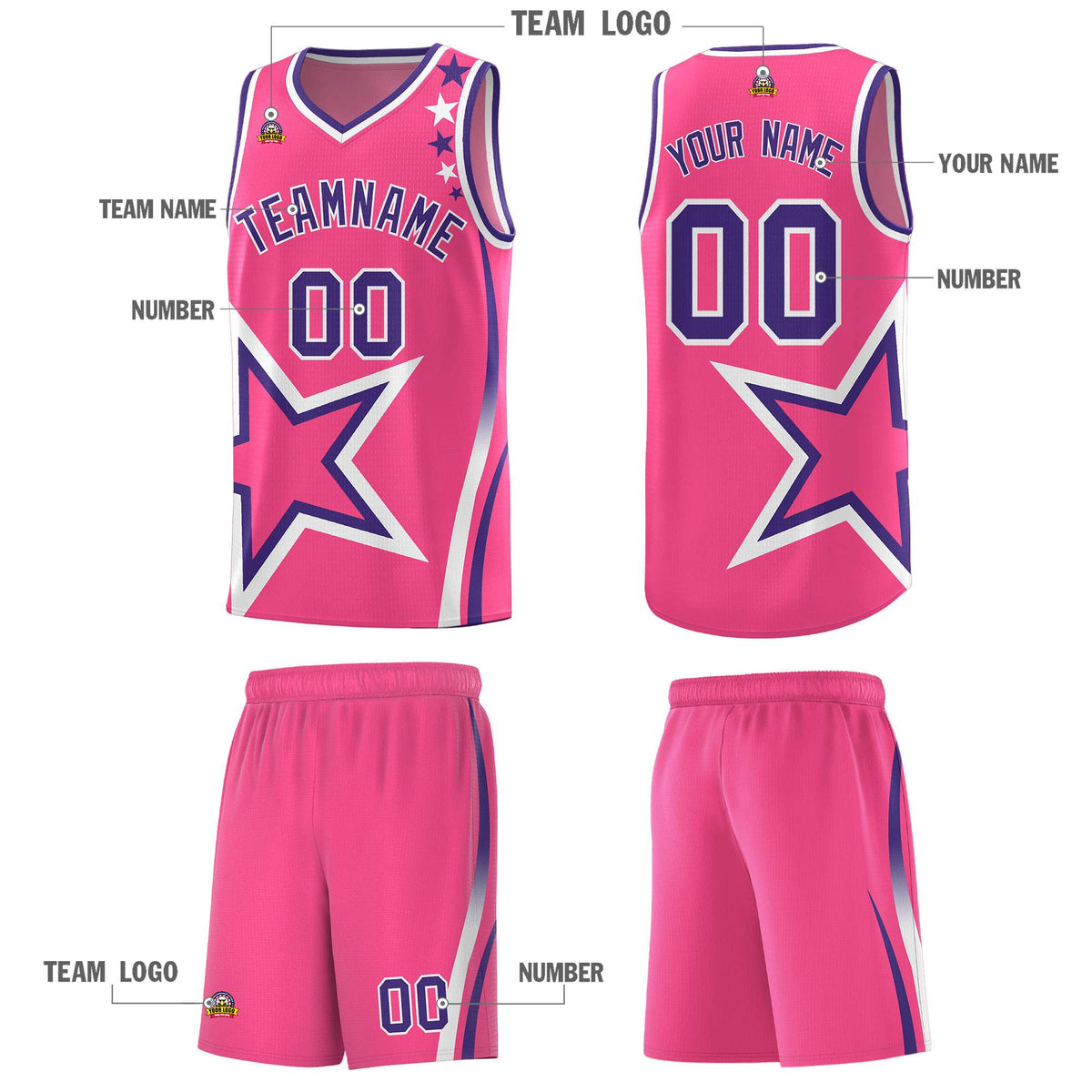 Custom Pink Shoulder Stars Graffiti Pattern Sets Basketball Jersey