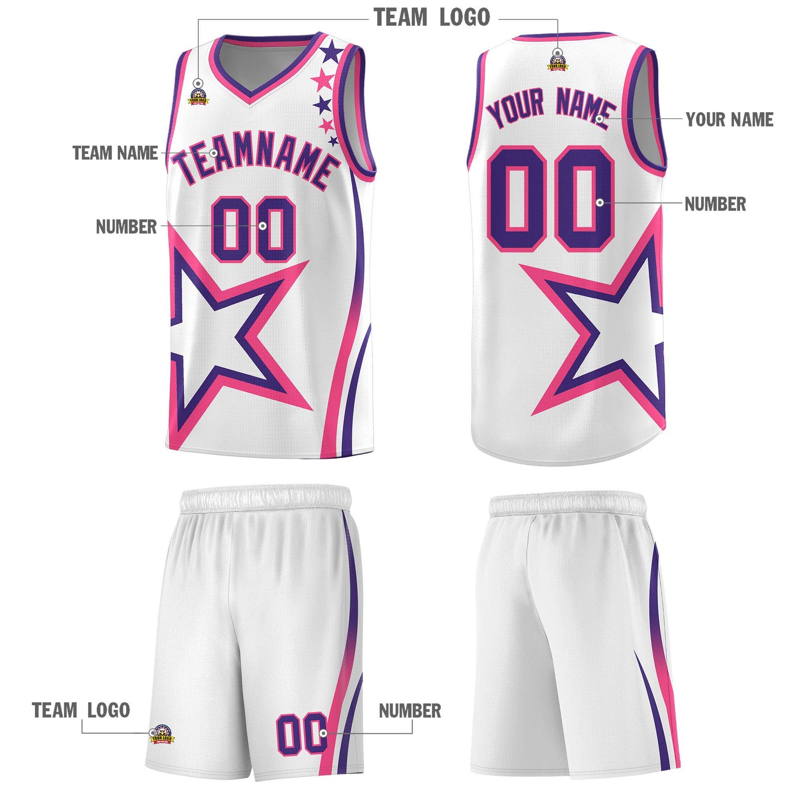 Custom White Shoulder Stars Graffiti Pattern Sets Basketball Jersey
