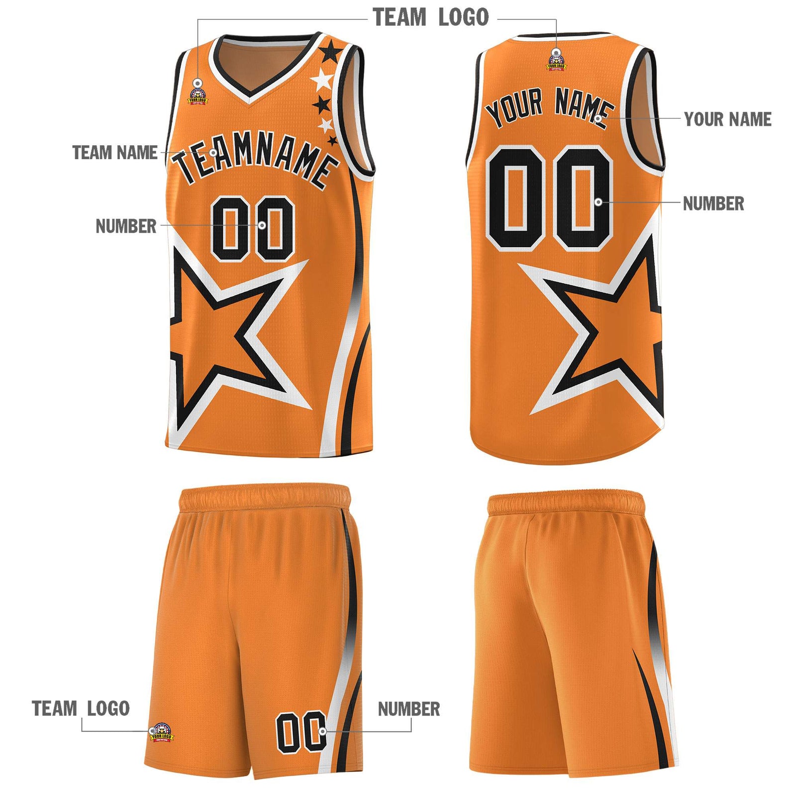 Custom Gold Orange Shoulder Stars Graffiti Pattern Sets Basketball Jersey