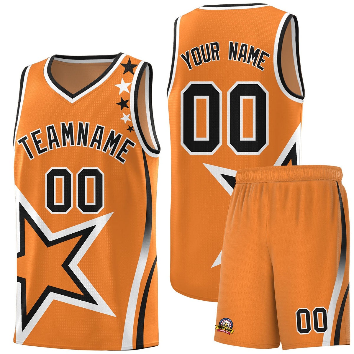 Custom Gold Orange Shoulder Stars Graffiti Pattern Sets Basketball Jersey