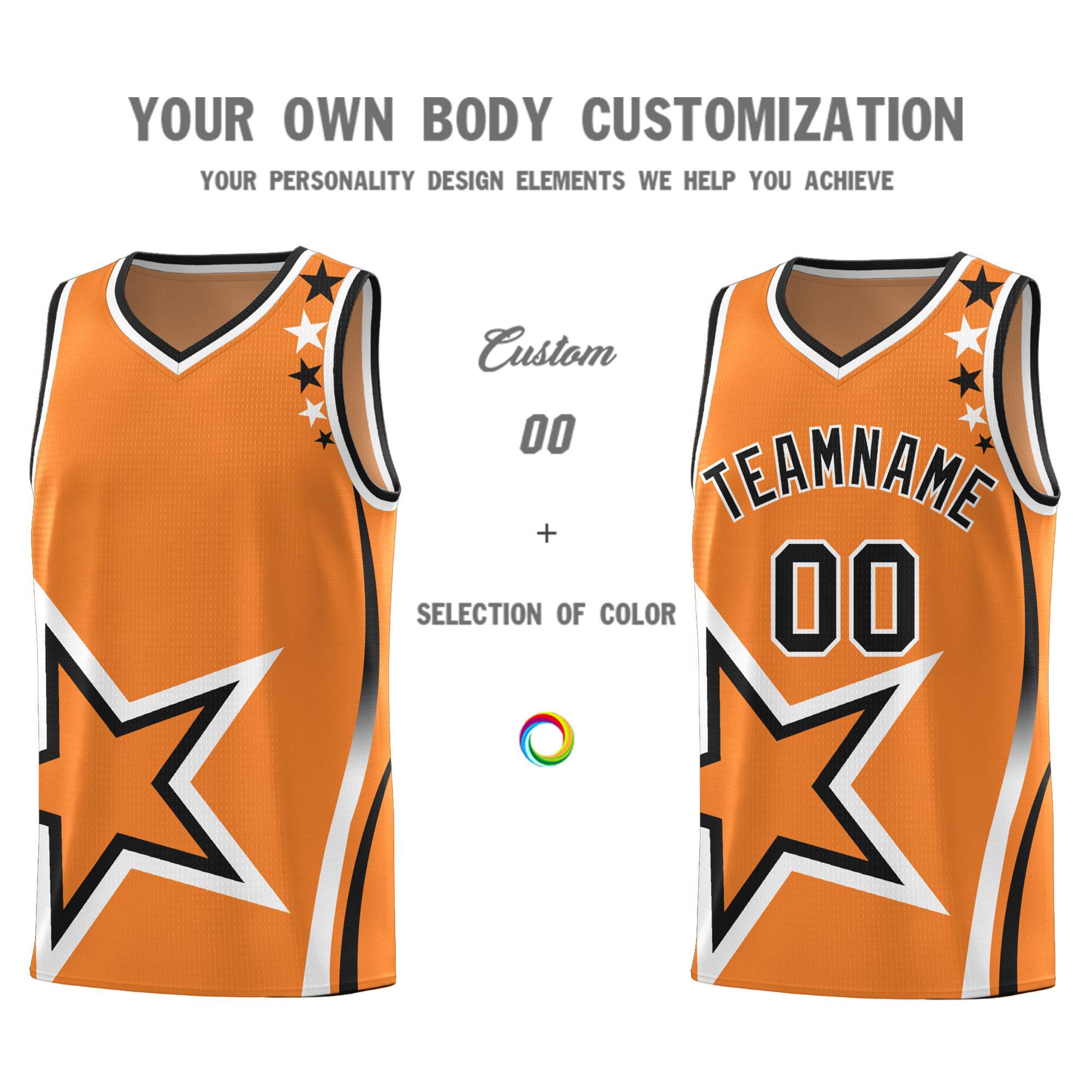 Custom Gold Orange Shoulder Stars Graffiti Pattern Sets Basketball Jersey