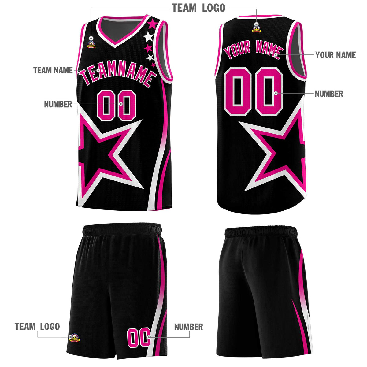 Custom Black Shoulder Stars Graffiti Pattern Sets Basketball Jersey