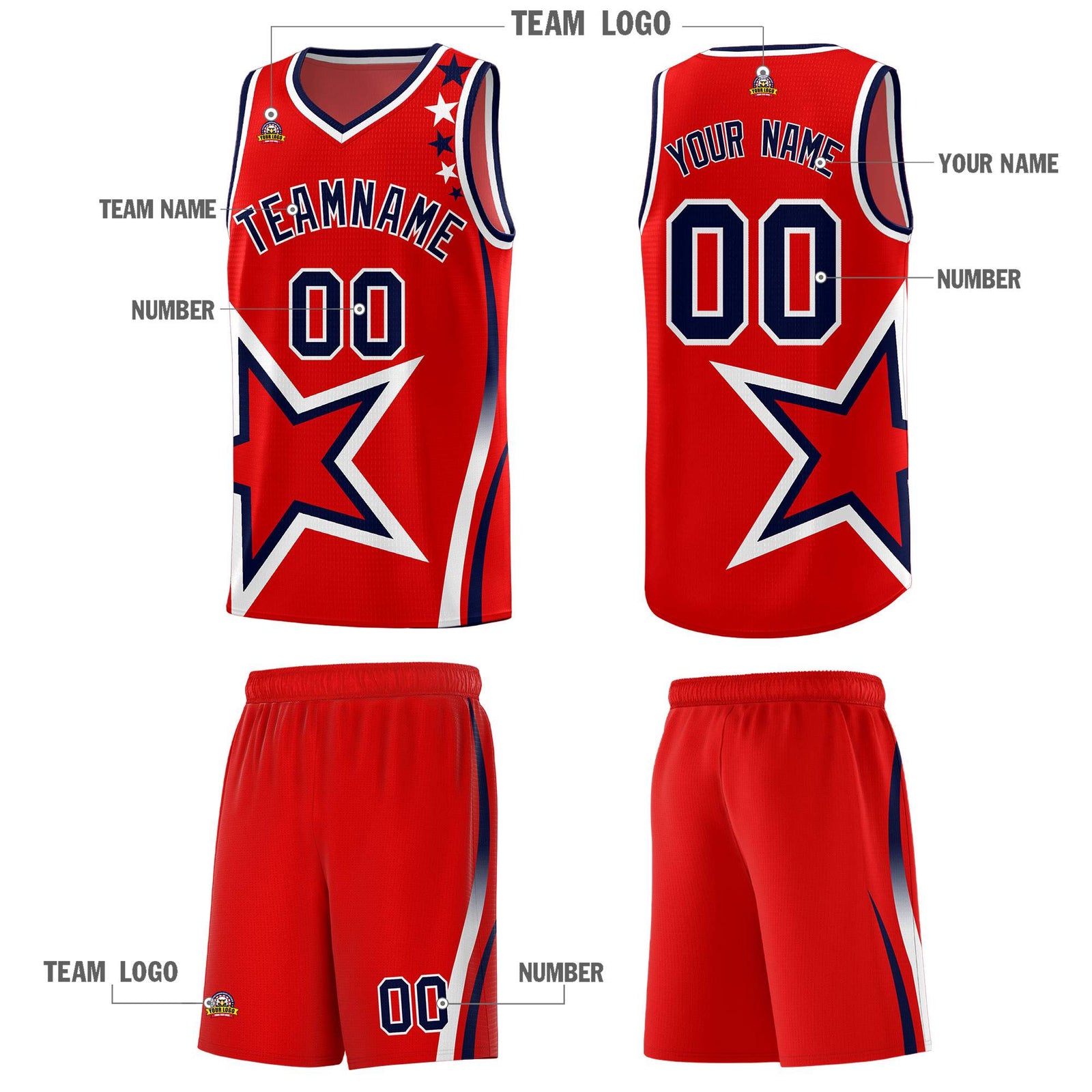 Custom Red Shoulder Stars Graffiti Pattern Sets Basketball Jersey