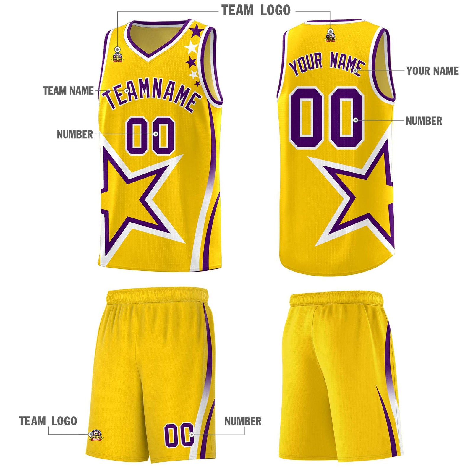 Custom Gold Shoulder Stars Graffiti Pattern Sets Basketball Jersey