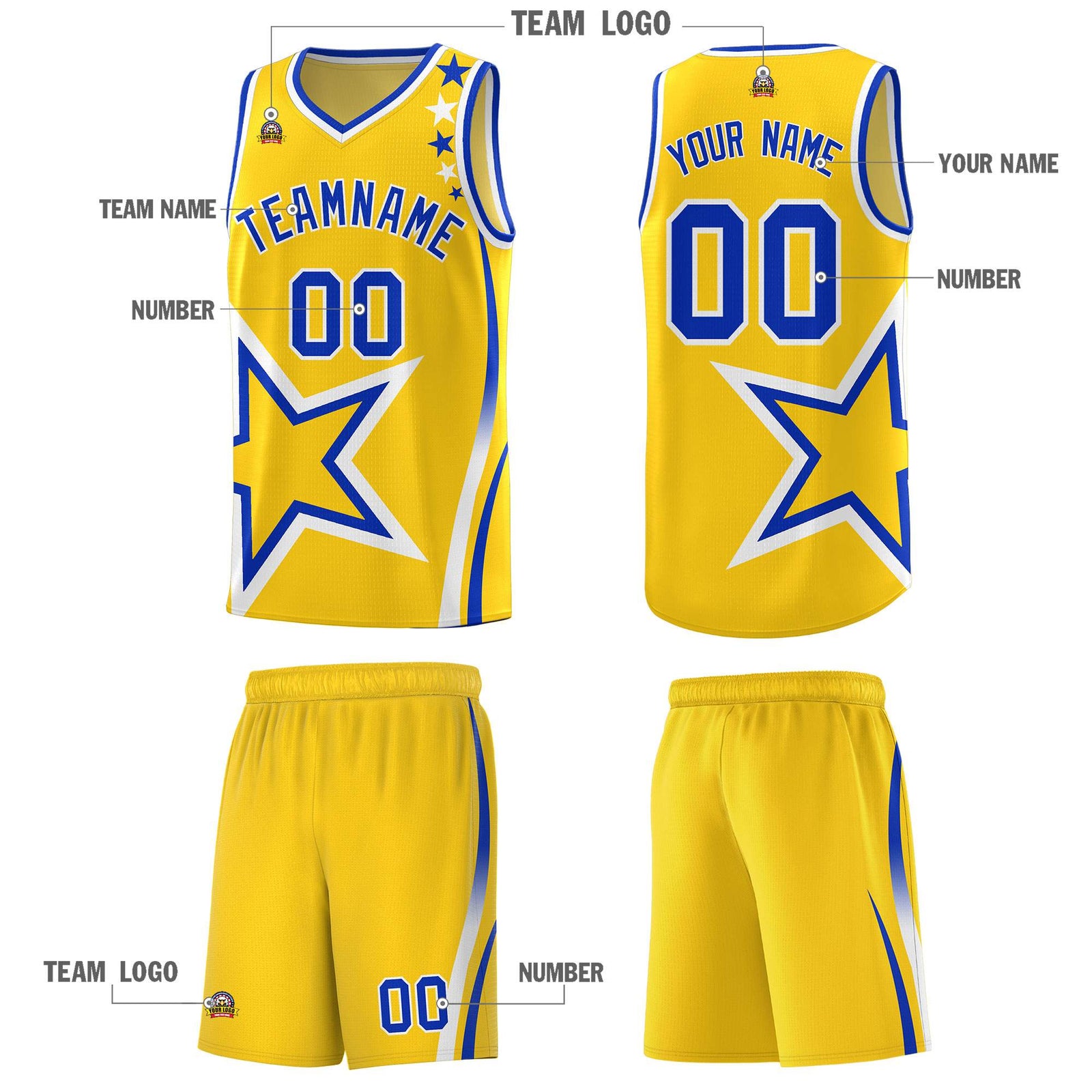 Custom Gold Shoulder Stars Graffiti Pattern Sets Basketball Jersey