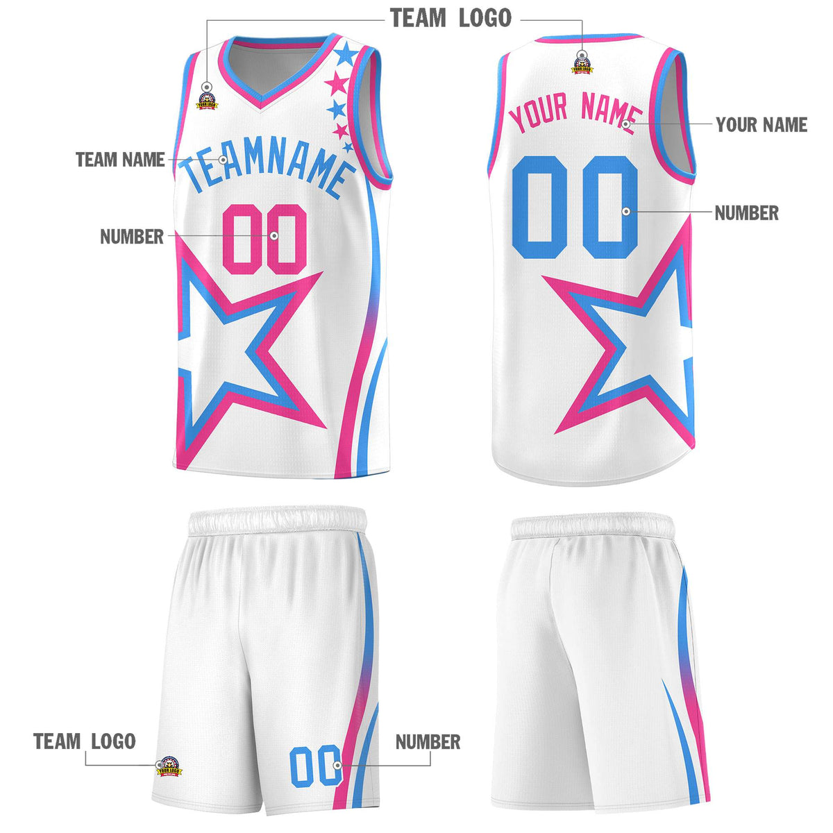 Custom White Shoulder Stars Graffiti Pattern Sets Basketball Jersey