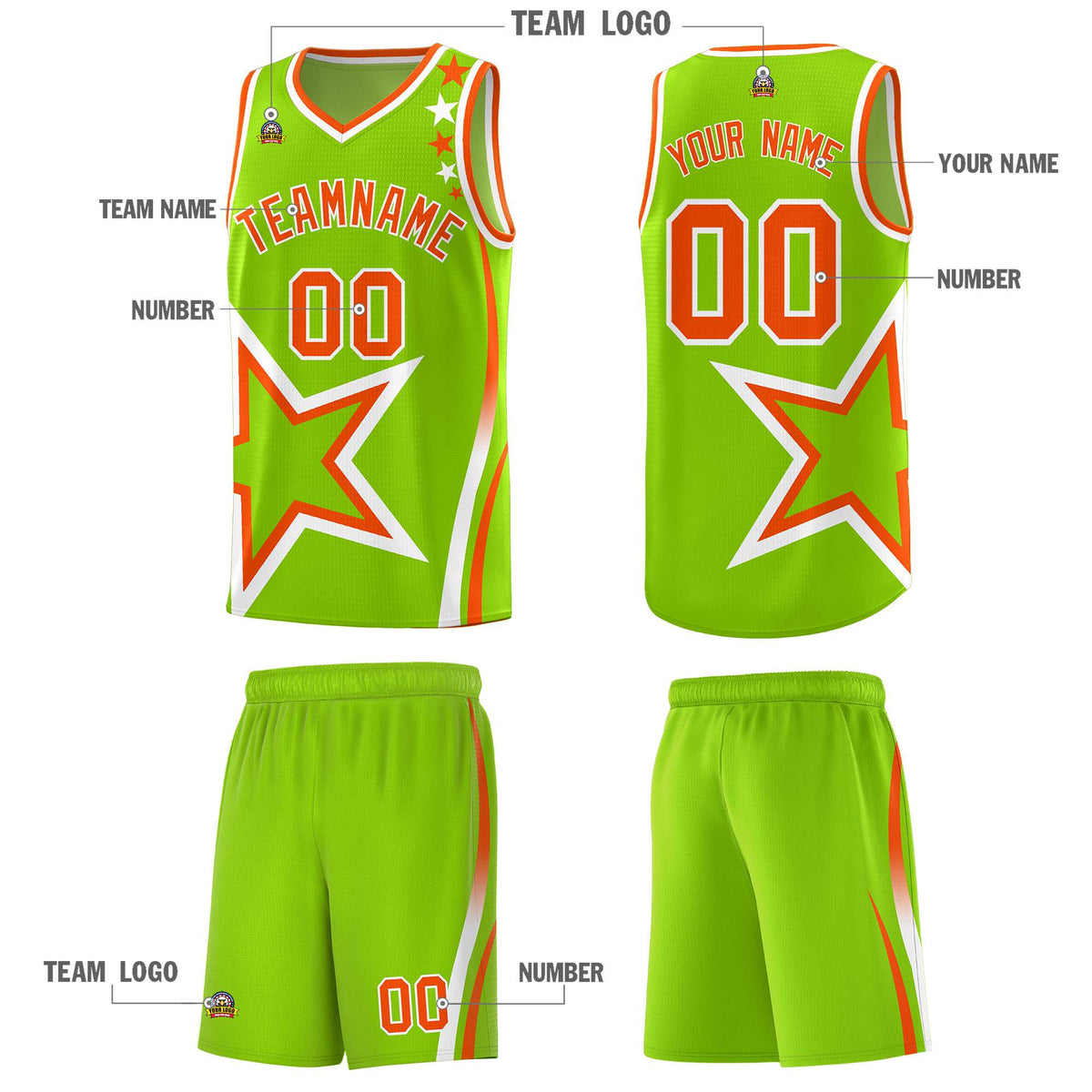 Custom Neon Green Shoulder Stars Graffiti Pattern Sets Basketball Jersey