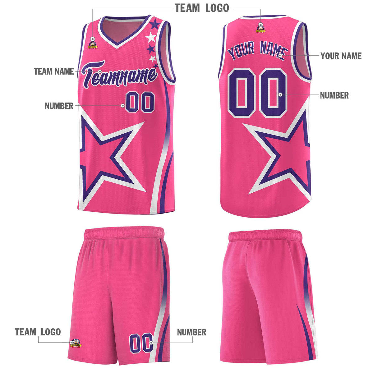 Custom Pink Shoulder Stars Graffiti Pattern Sets Basketball Jersey